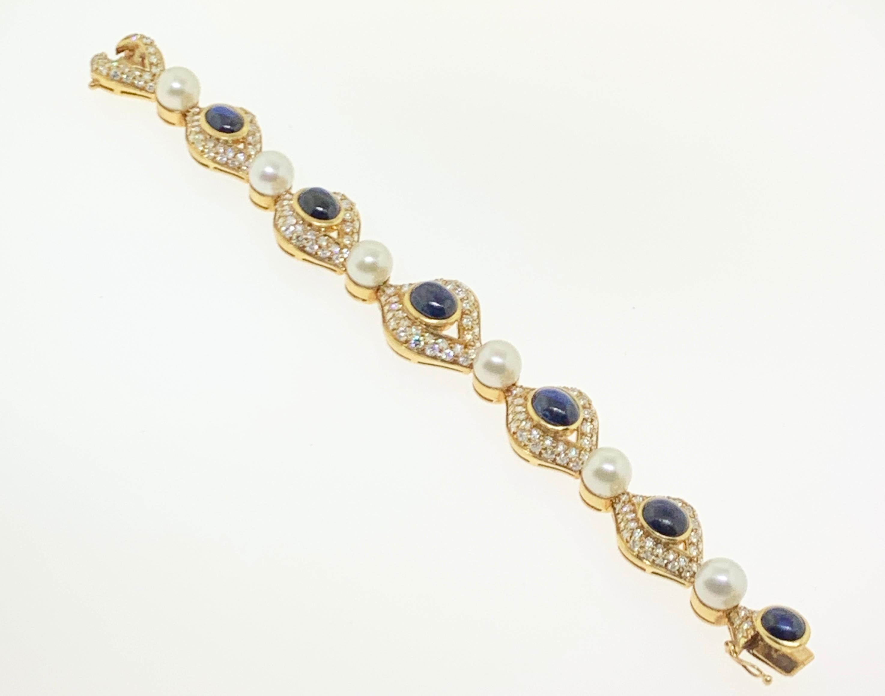 Cabochon Pearl, Sapphire and Diamond Bracelet For Sale