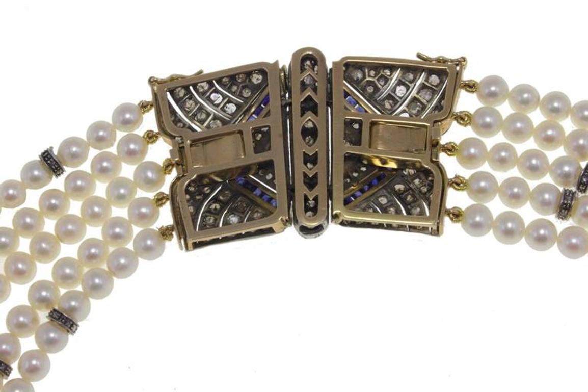 Retro Pearl Sapphire Diamond Silver Gold Multi-Strand Necklace