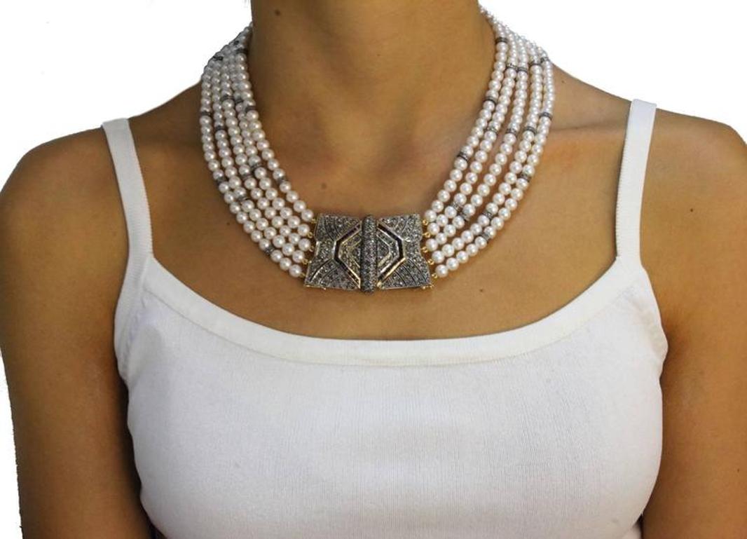 Rose Cut Pearl Sapphire Diamond Silver Gold Multi-Strand Necklace
