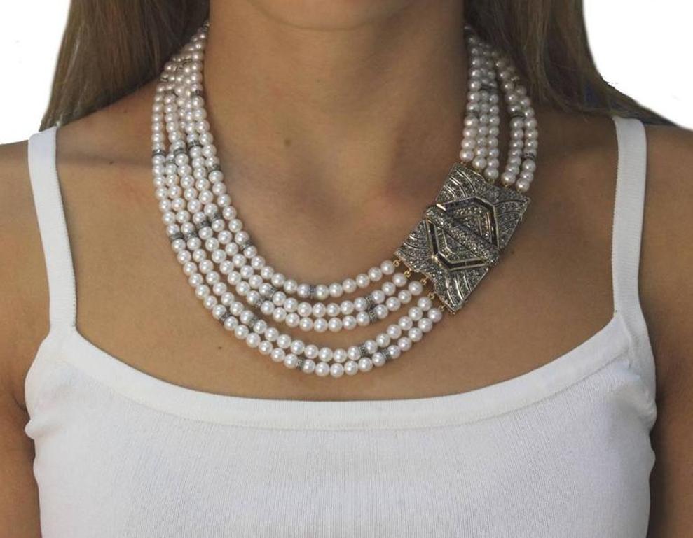 Pearl Sapphire Diamond Silver Gold Multi-Strand Necklace In Good Condition In Marcianise, Marcianise (CE)