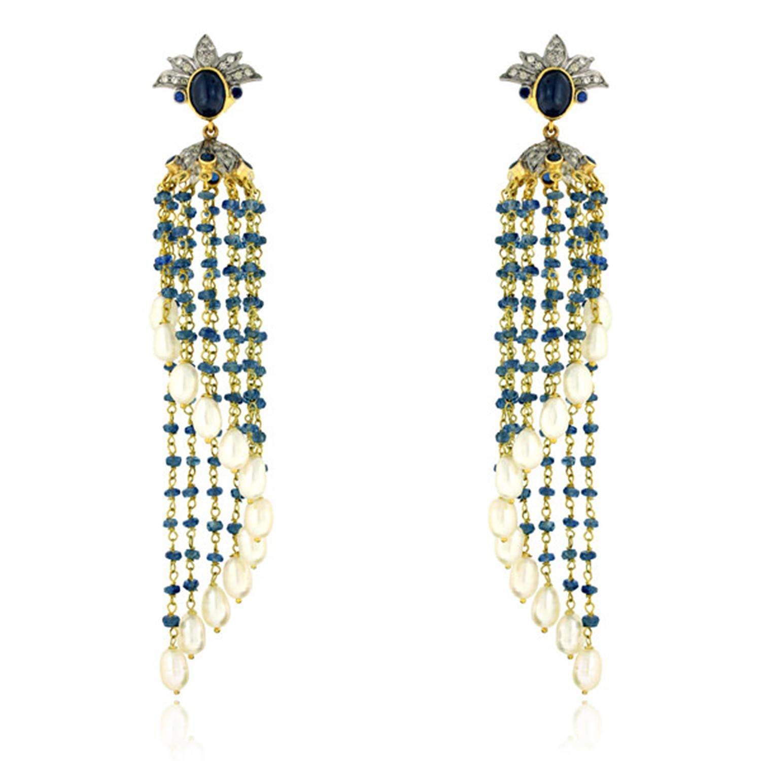 Contemporary Pearl Sapphire Diamond Tassel Earrings For Sale