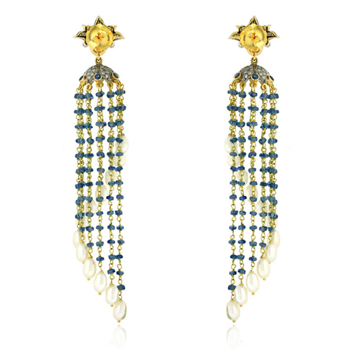 Bead Pearl Sapphire Diamond Tassel Earrings For Sale