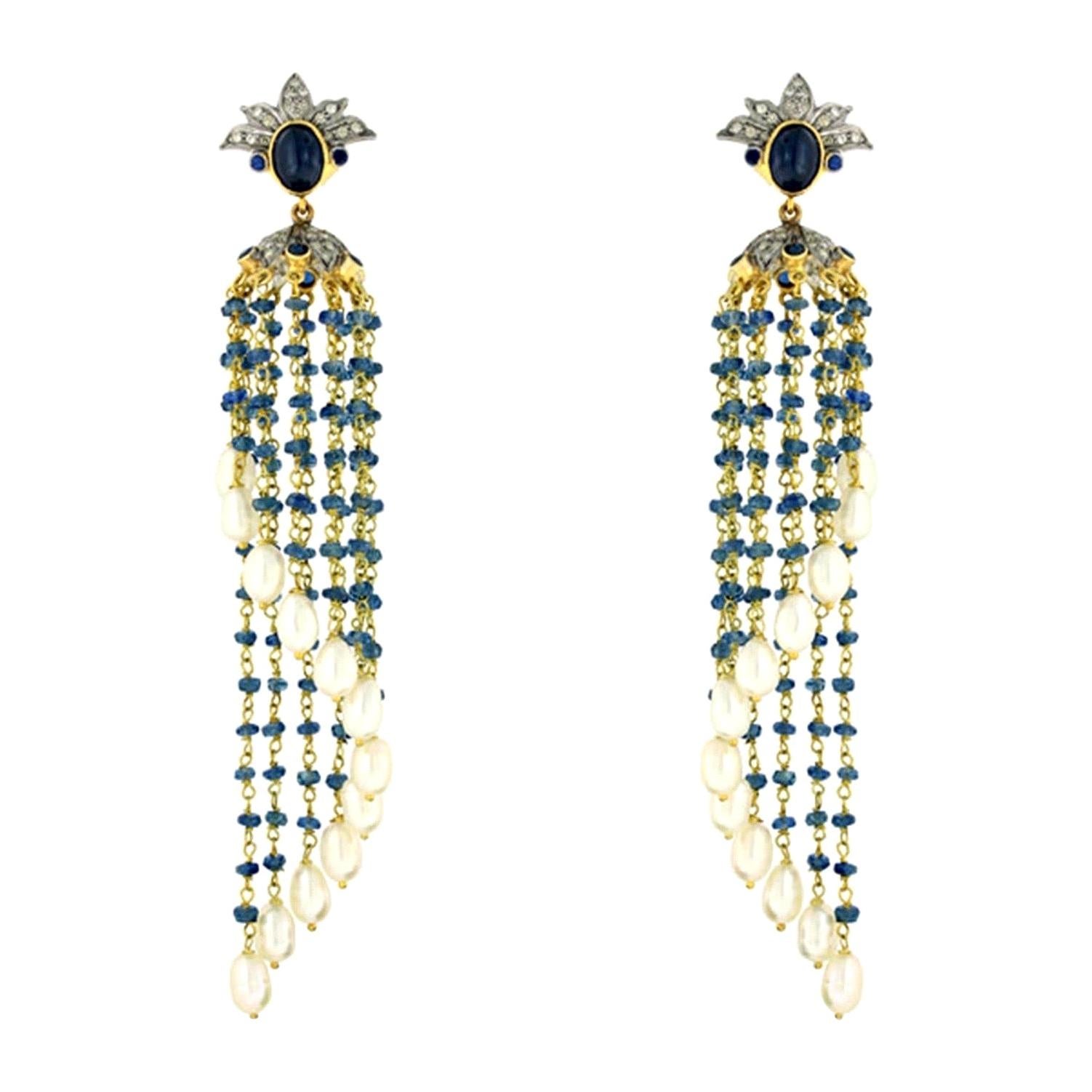 Pearl Sapphire Diamond Tassel Earrings For Sale