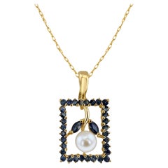 Pearl & Sapphire Flower Upside Down in 14k Yellow Gold Frame