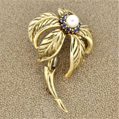 Pearl Sapphire Gold Palm-Tree Brooch