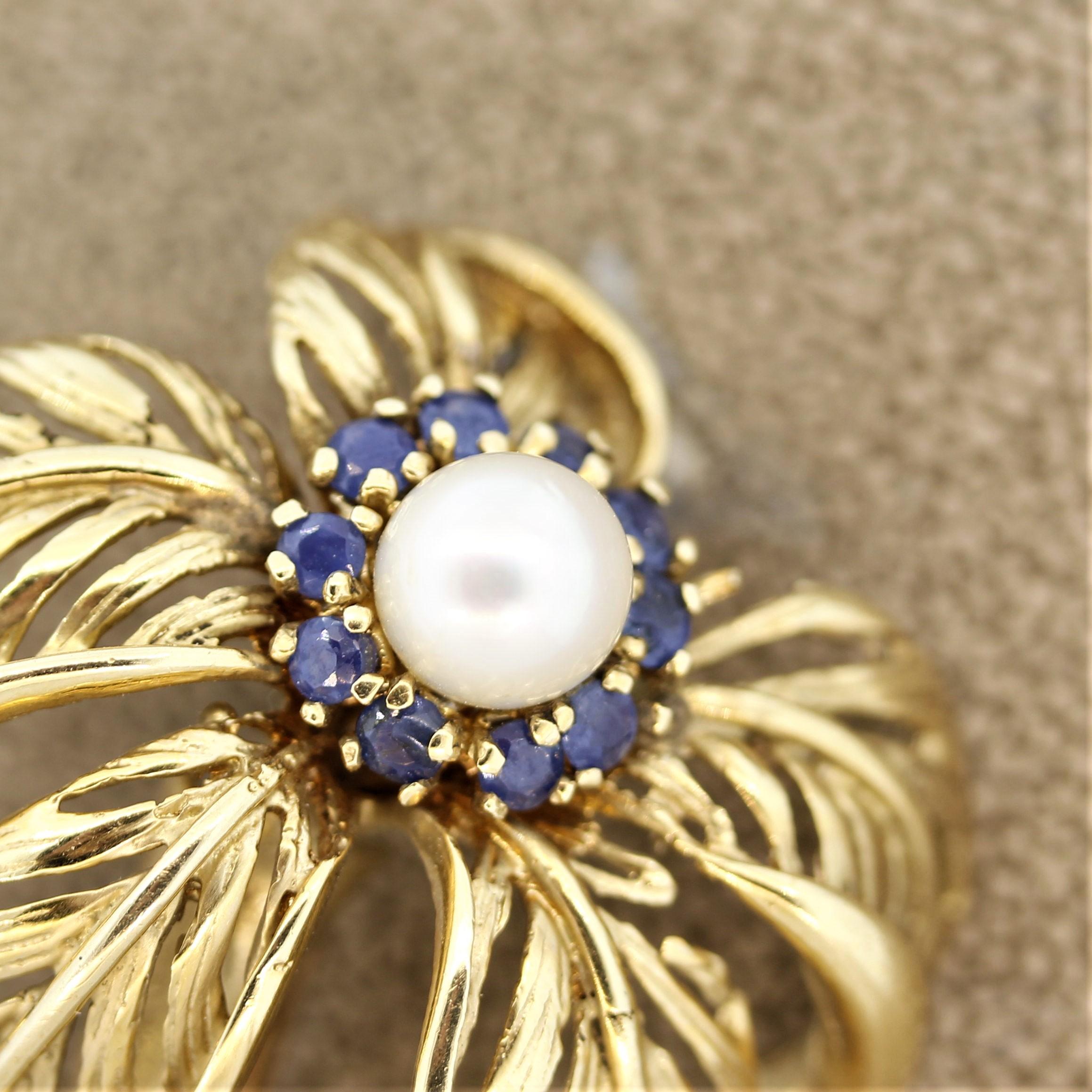 Round Cut Pearl Sapphire Gold Palm-Tree Brooch