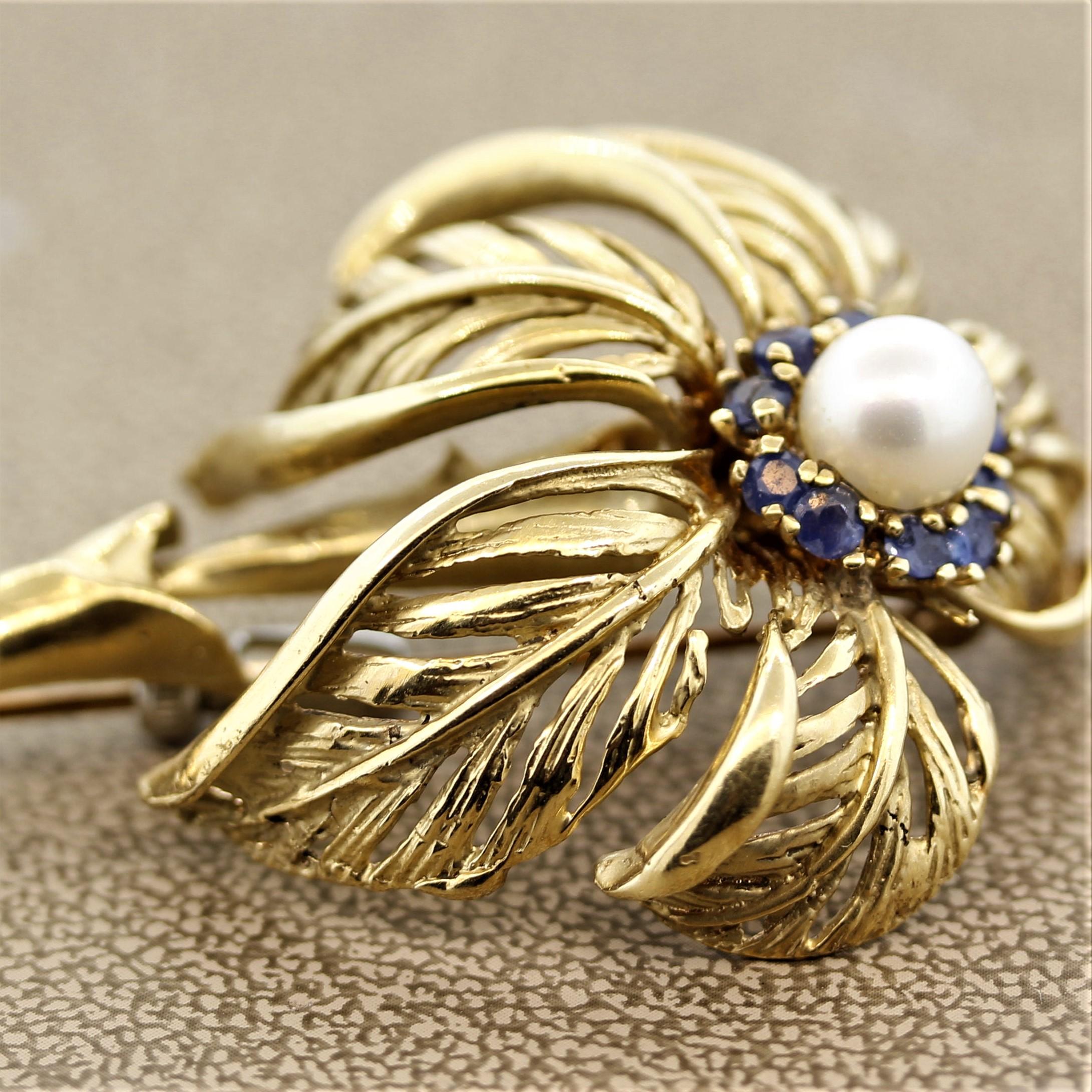 Pearl Sapphire Gold Palm-Tree Brooch In New Condition In Beverly Hills, CA