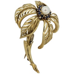 Pearl Sapphire Gold Palm-Tree Brooch