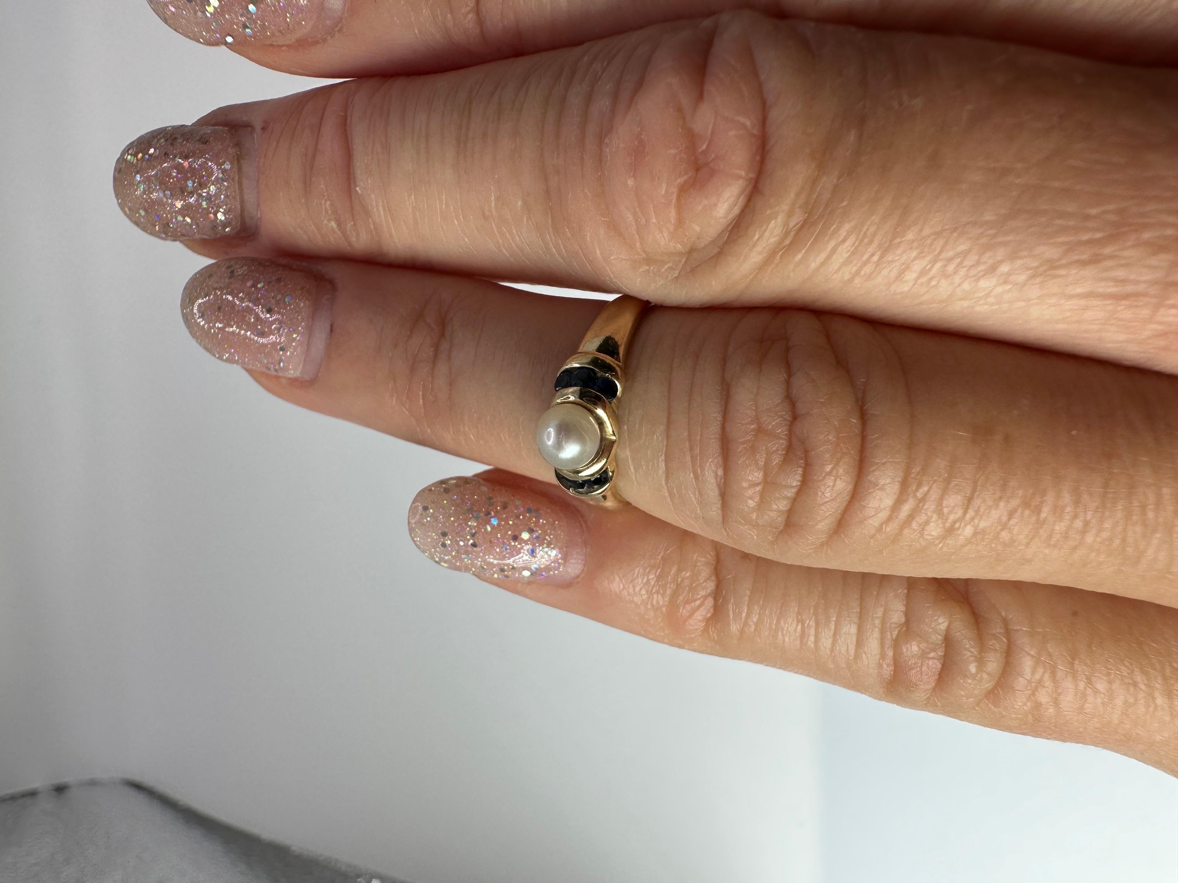 Brilliant Cut Pearl Sapphire Ring Cocktail Promise Ring 14 Karat Gold For Sale