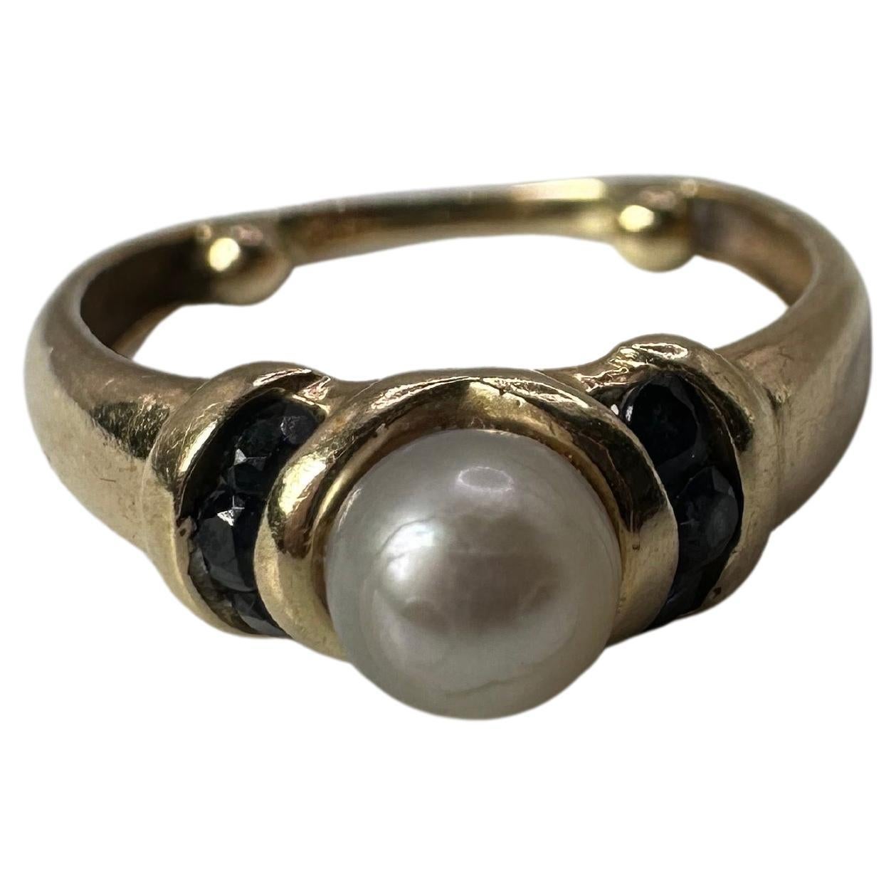 Pearl Sapphire Ring Cocktail Promise Ring 14 Karat Gold For Sale