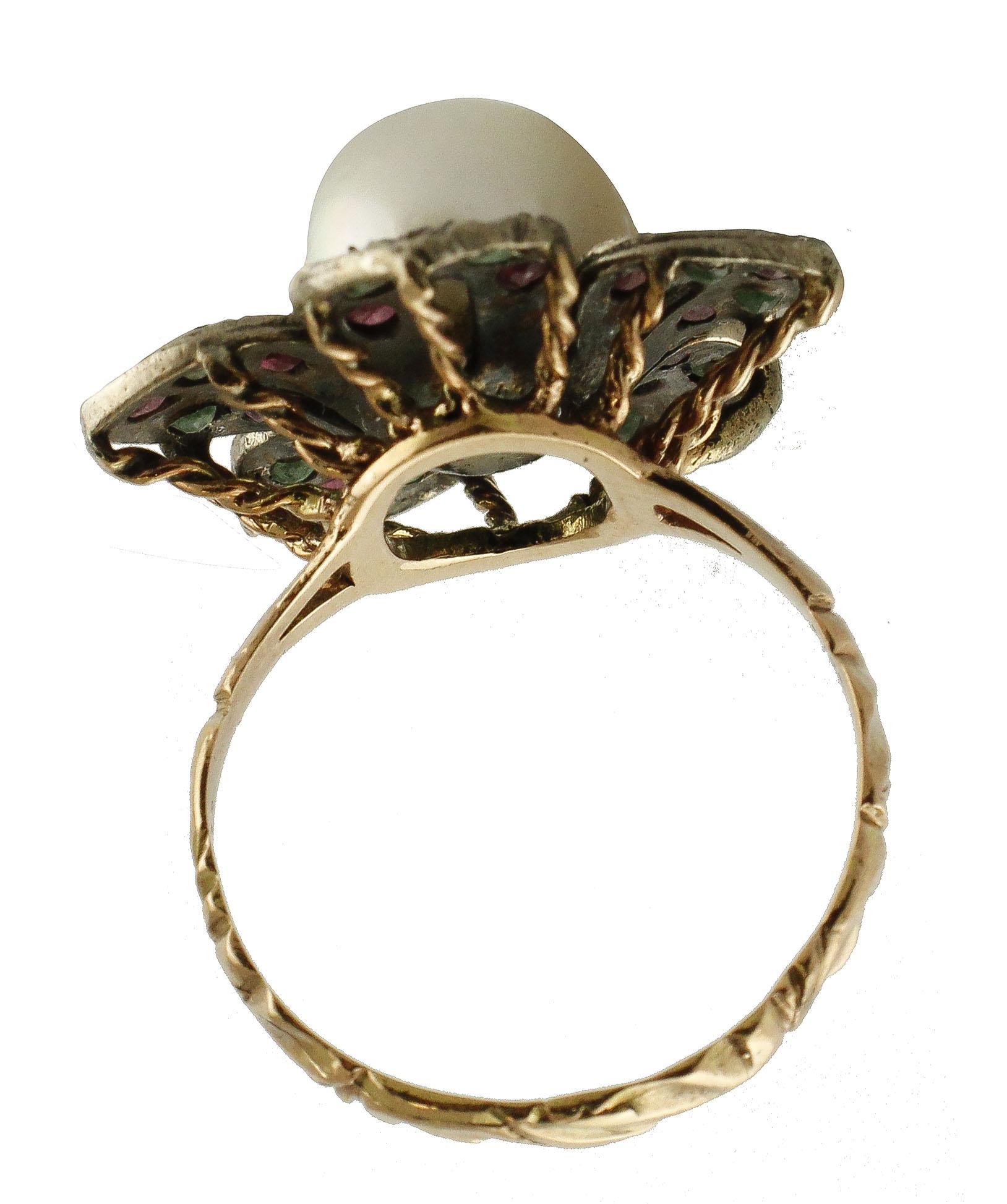  Pearl Sapphire Ruby Emerald Silver yellow Gold Ring In Good Condition In Marcianise, Marcianise (CE)