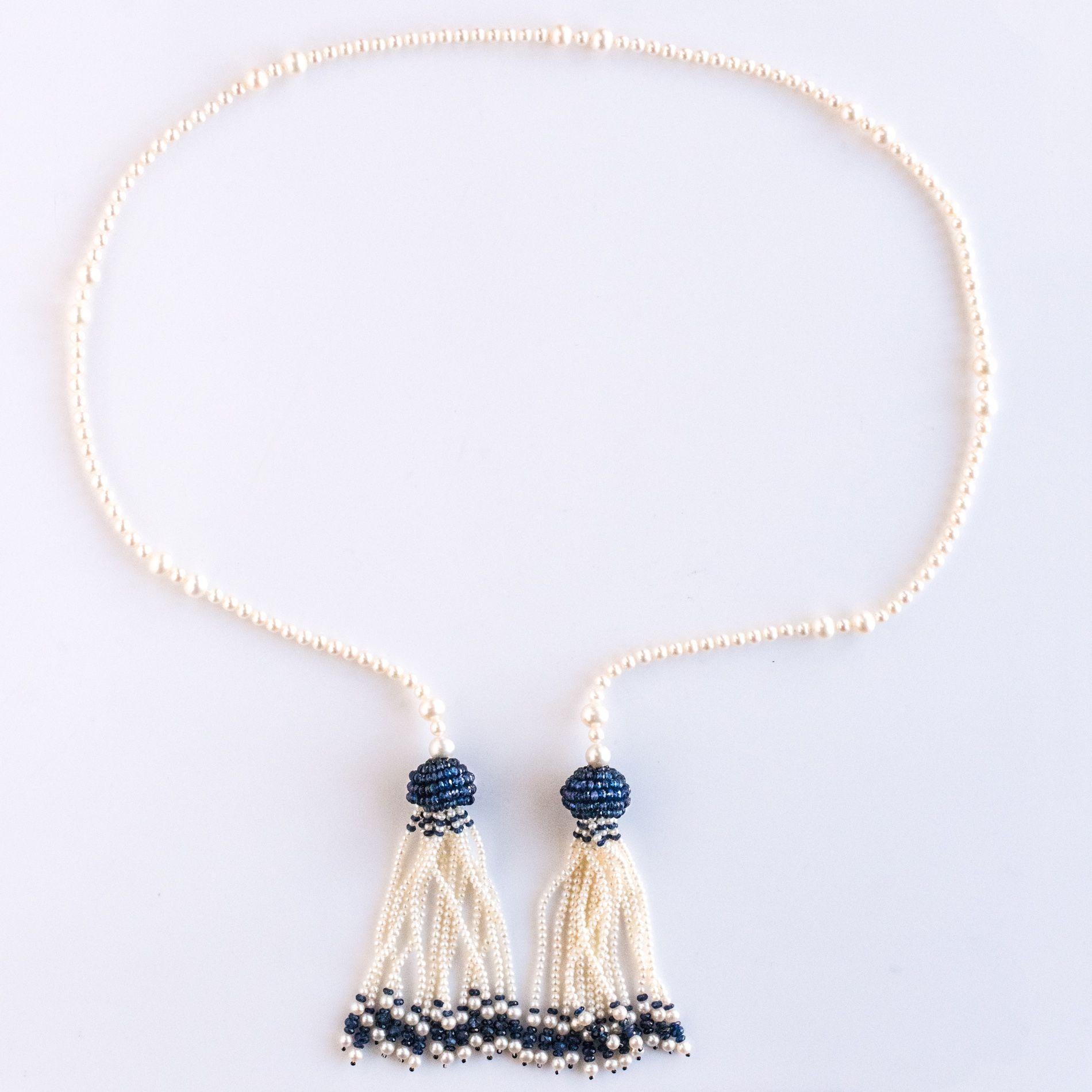 Art Deco Style Pearl Sapphire Tassel Necklace For Sale 2