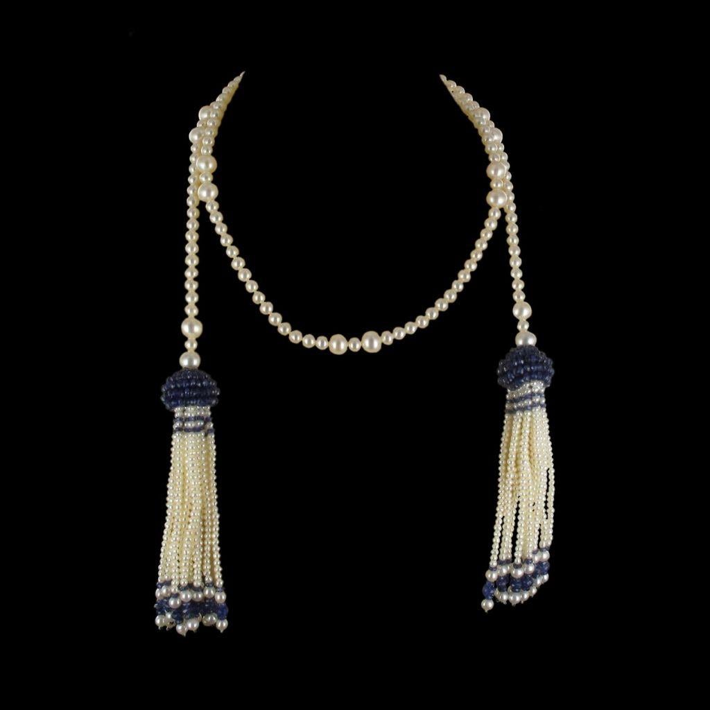 Art Deco Style Pearl Sapphire Tassel Necklace For Sale 5