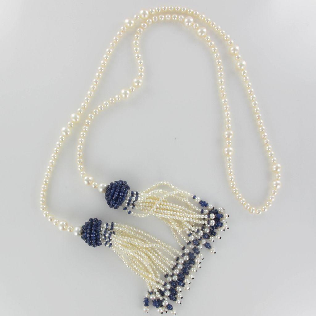 Art Deco Style Pearl Sapphire Tassel Necklace For Sale 7
