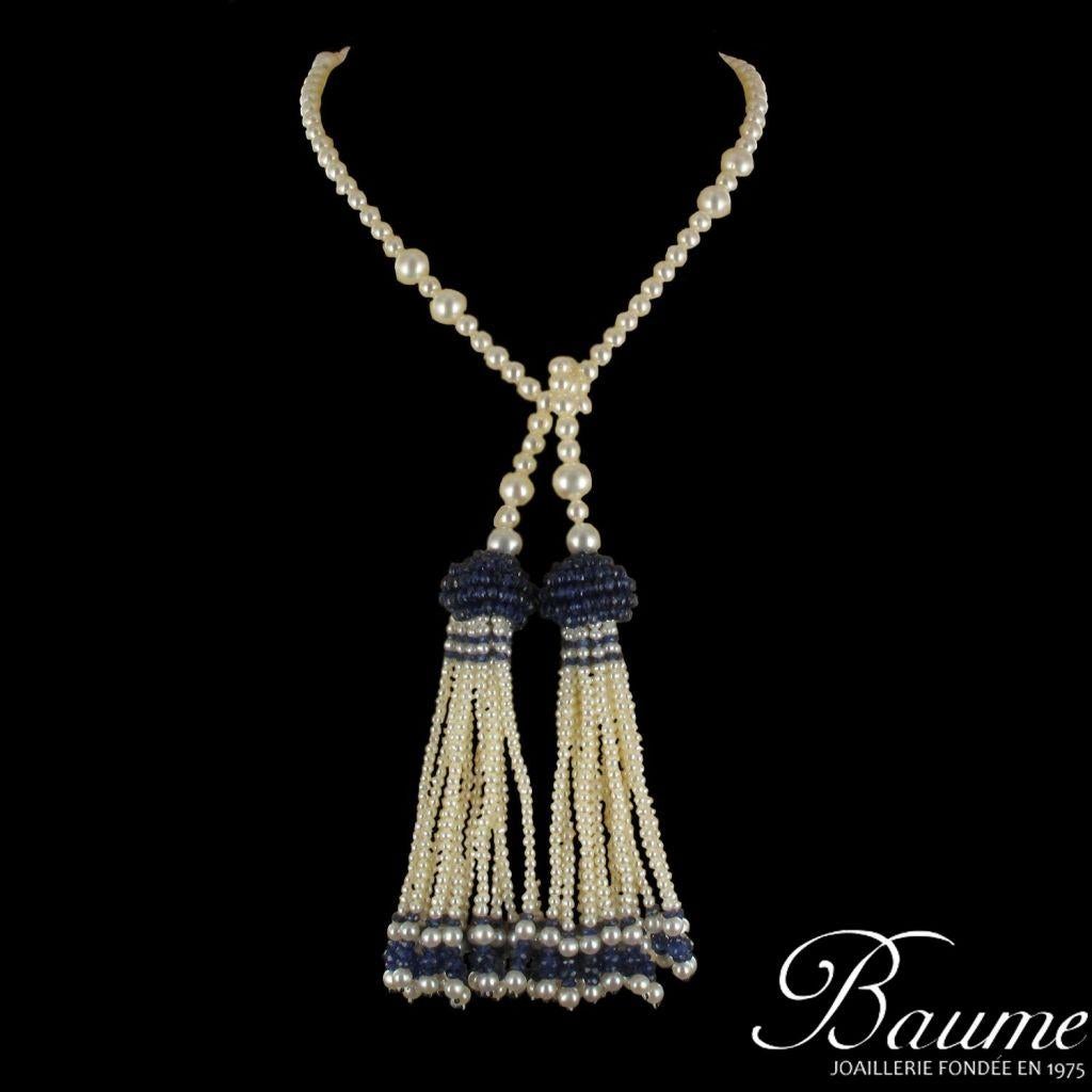 Art Deco Style Pearl Sapphire Tassel Necklace For Sale 8