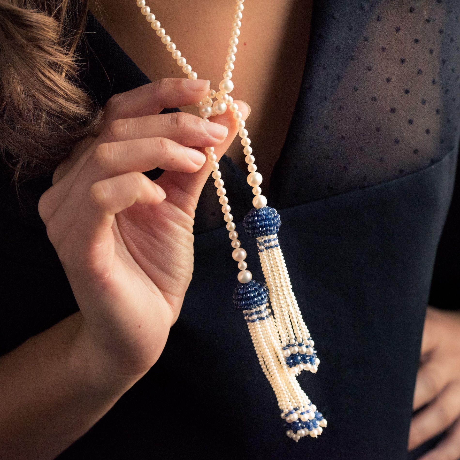 Uncut Art Deco Style Pearl Sapphire Tassel Necklace For Sale