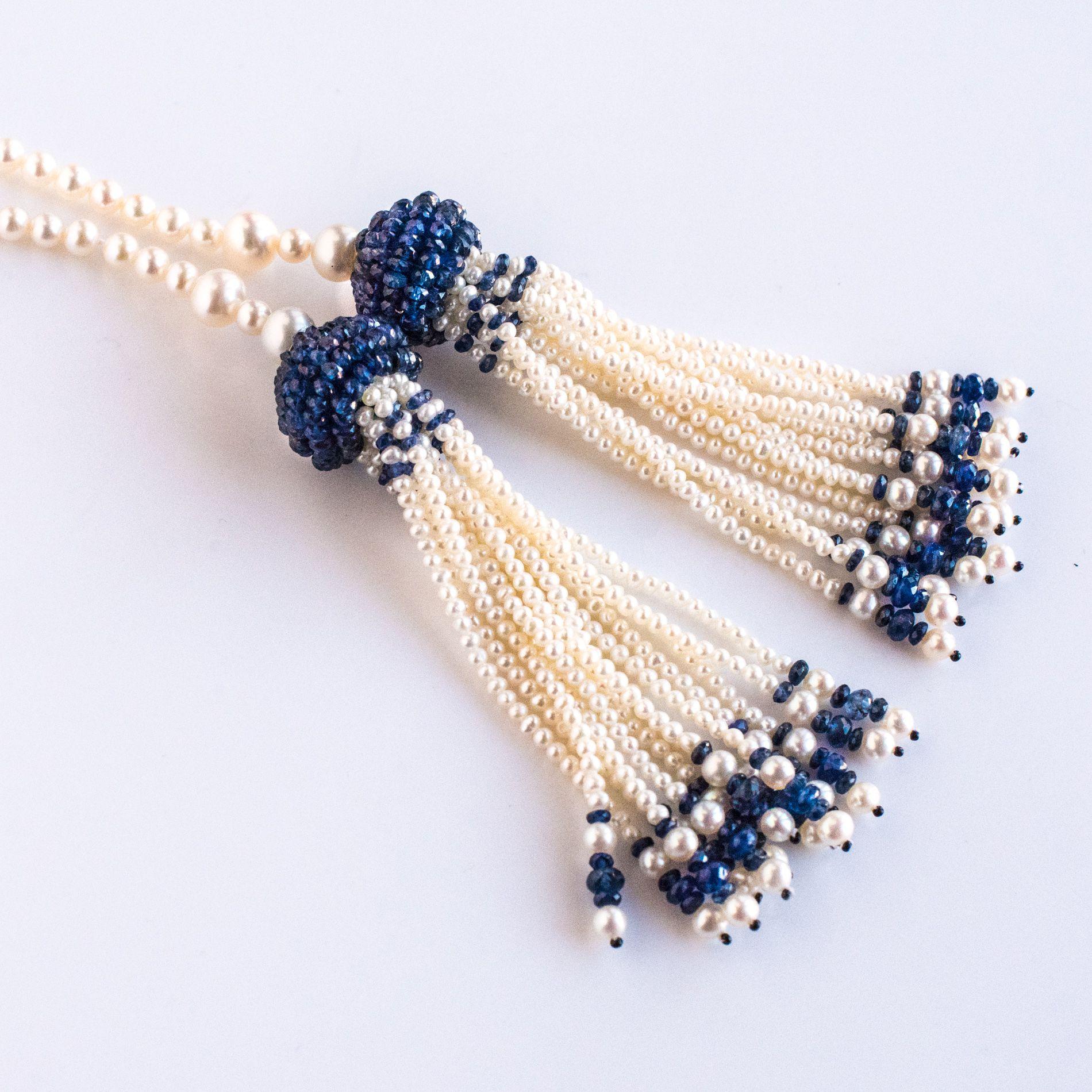 Art Deco Style Pearl Sapphire Tassel Necklace In New Condition For Sale In Poitiers, FR