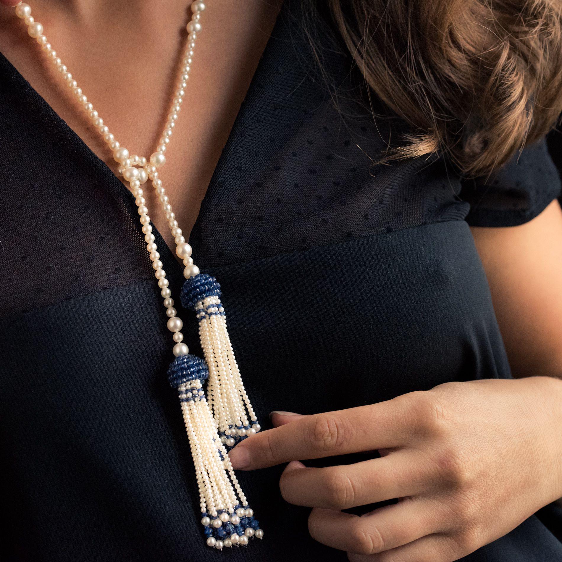 Art Deco Style Pearl Sapphire Tassel Necklace For Sale 1