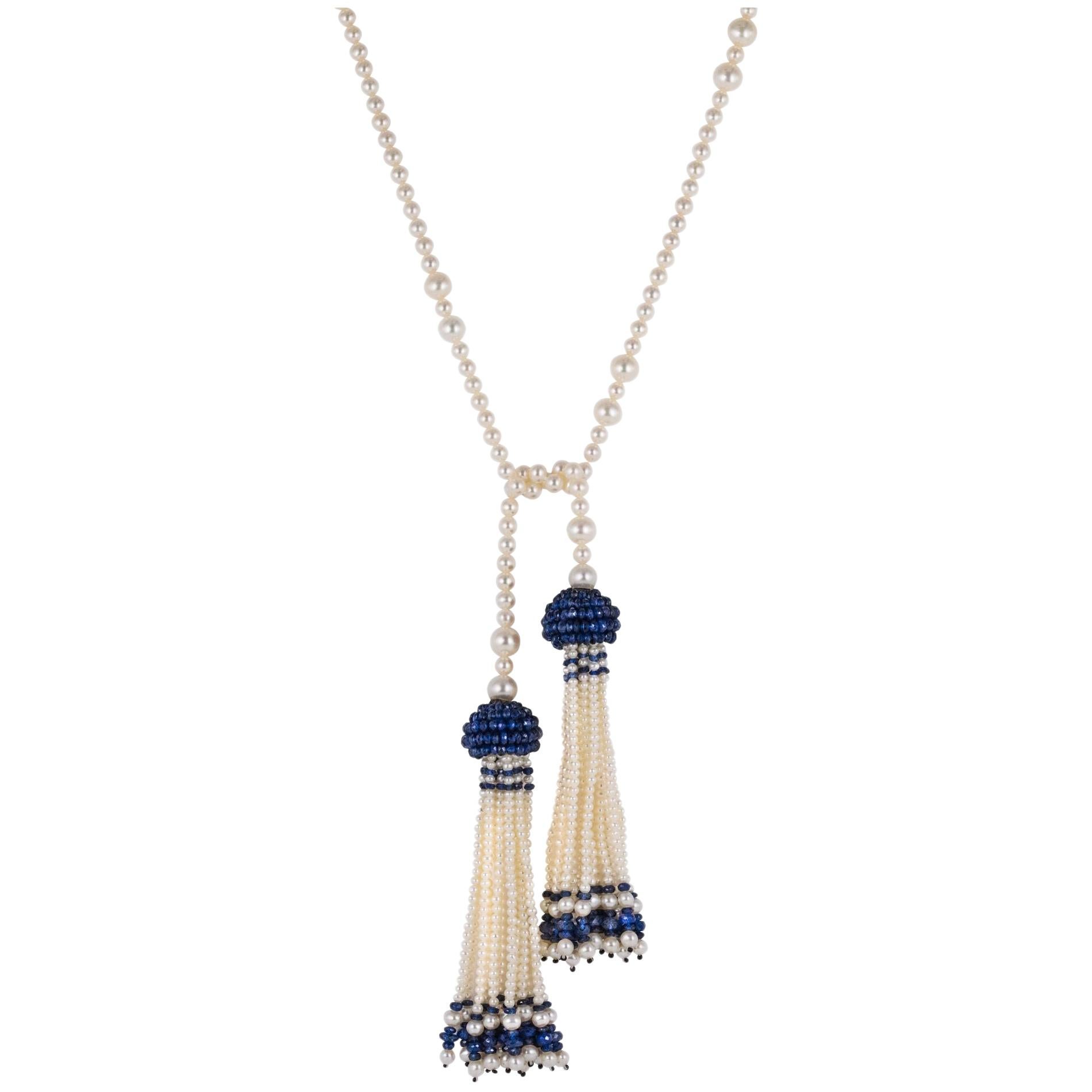 Art Deco Style Pearl Sapphire Tassel Necklace For Sale