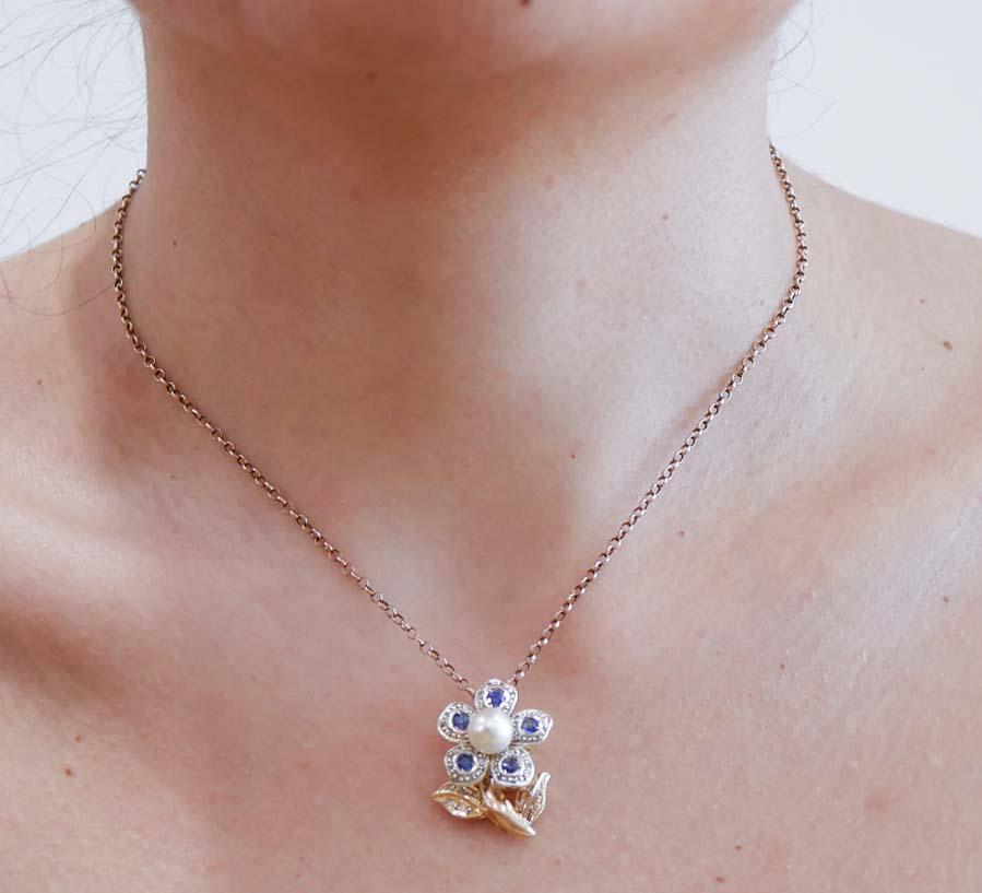 Donna Perla, zaffiri, diamanti, ciondolo a forma di fiore in oro rosa 14 carati e argento. in vendita