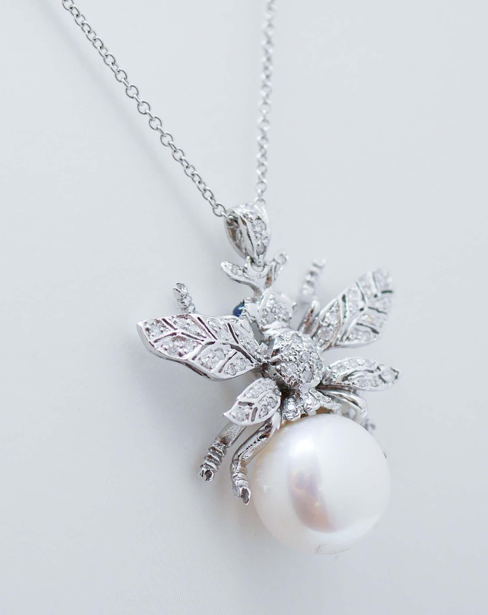 Retro Pearl, Sapphires, Diamonds, 14 Kt White Gold Fly Pendant. For Sale