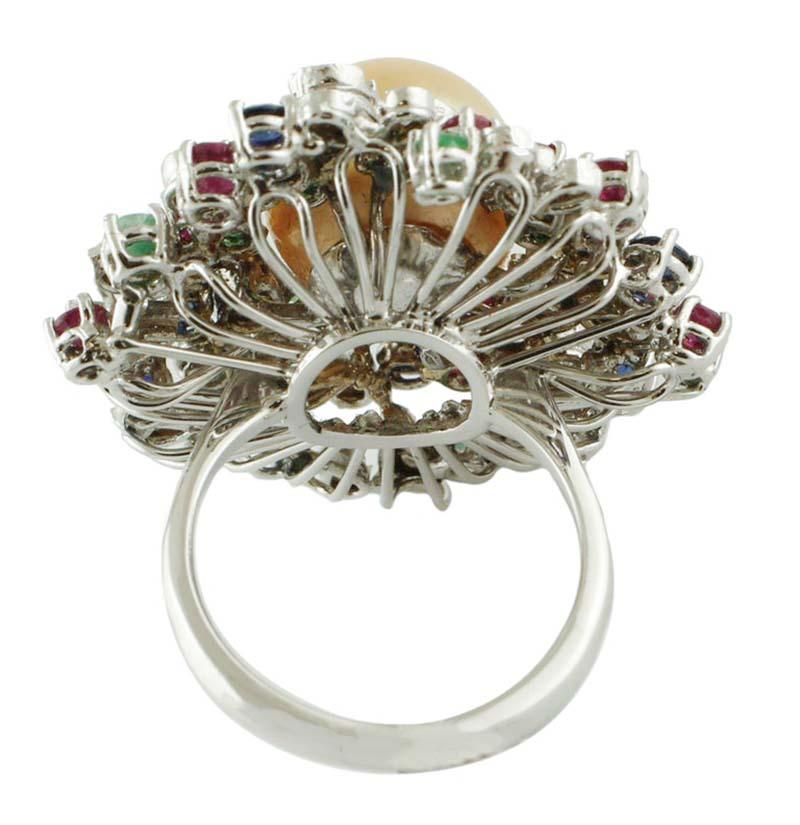 Retro Pearl, Sapphires, Diamonds, Emeralds, Rubies, 14 Karat White Gold Ring.  For Sale