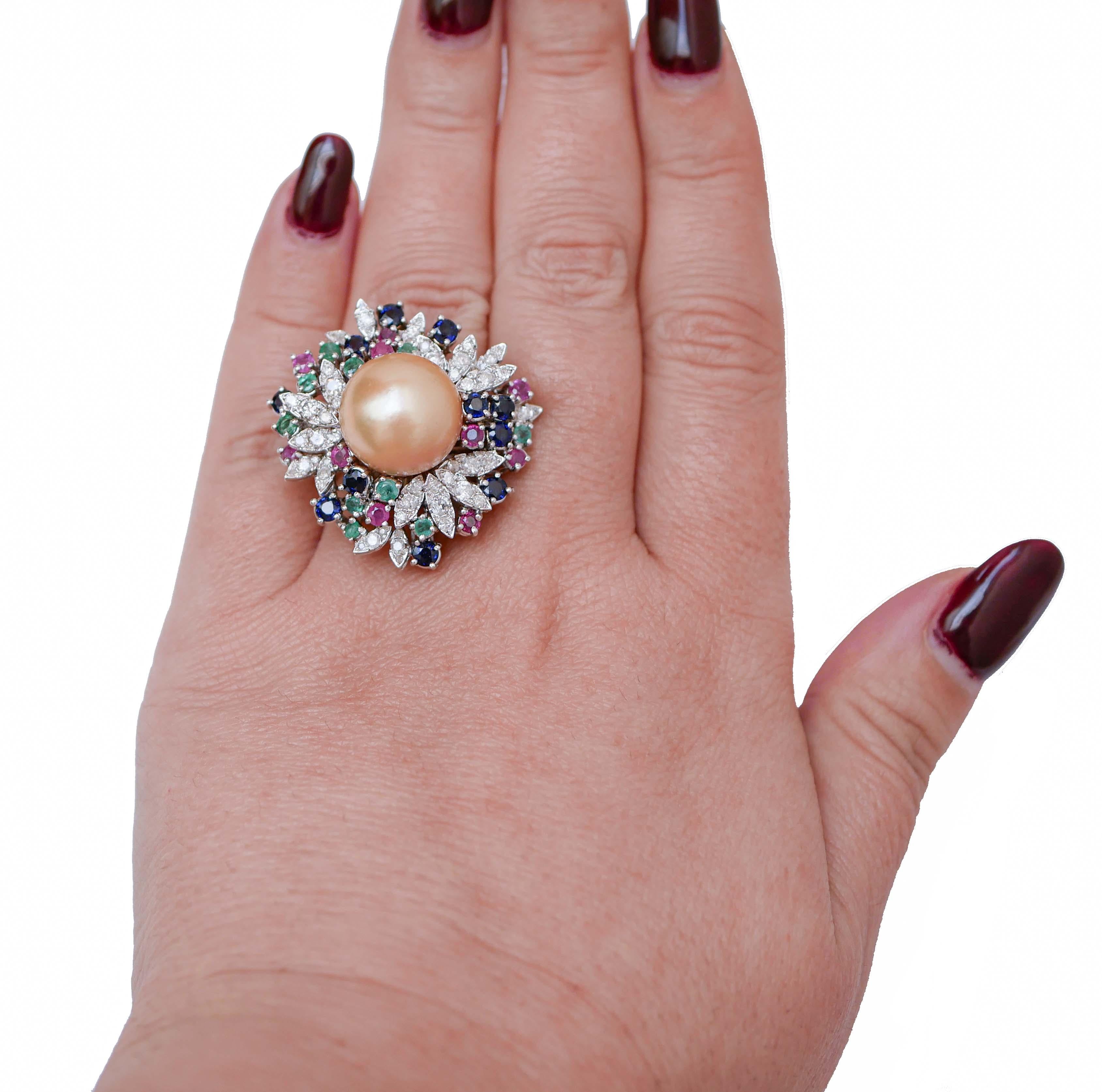 Mixed Cut Pearl, Sapphires, Diamonds, Emeralds, Rubies, 14 Karat White Gold Ring.  For Sale