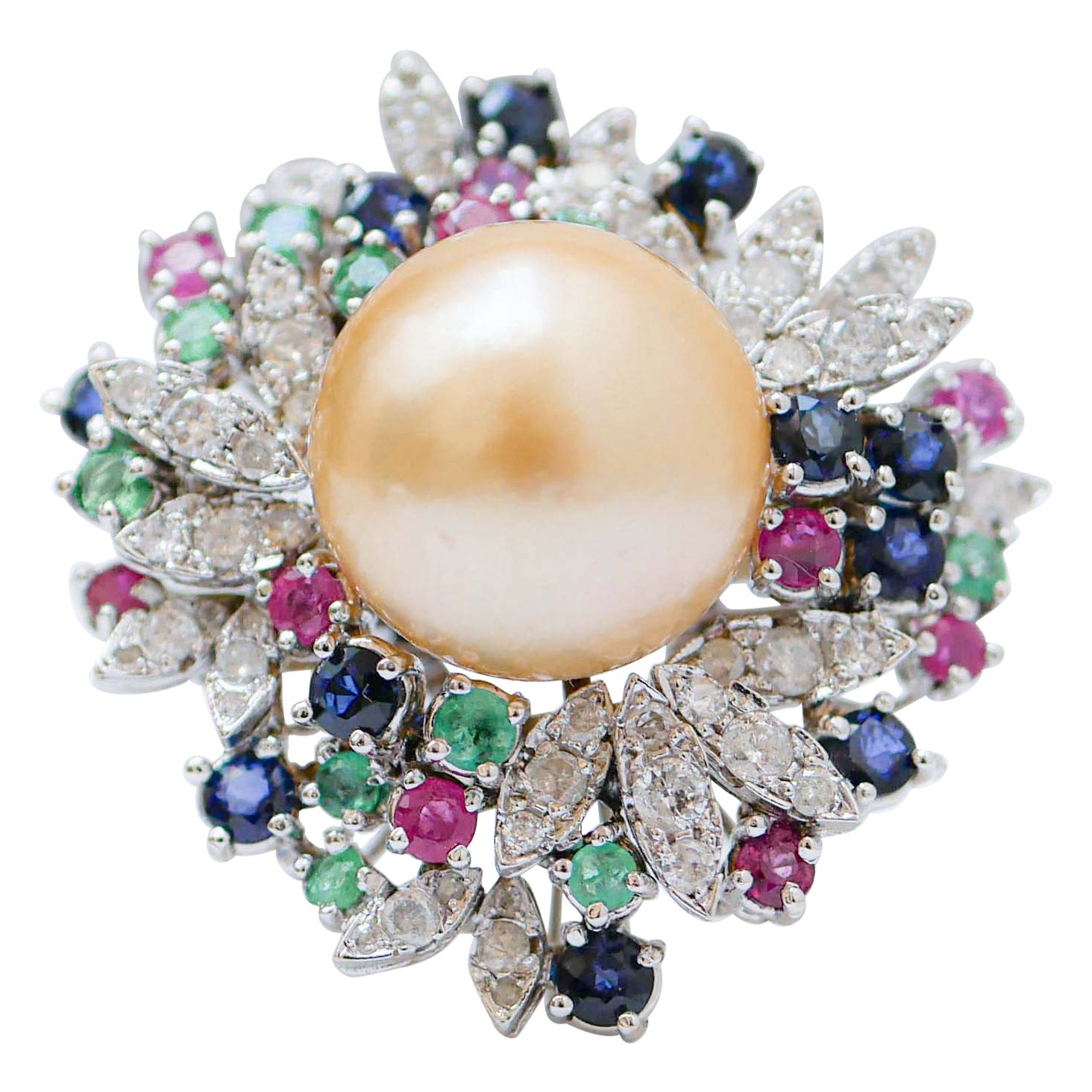 Pearl, Sapphires, Diamonds, Emeralds, Rubies, 14 Karat White Gold Ring.