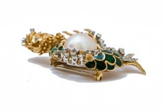 Pearl, Sapphires, Diamonds, Enamle, 18 Kt Yellow Gold Brooch.