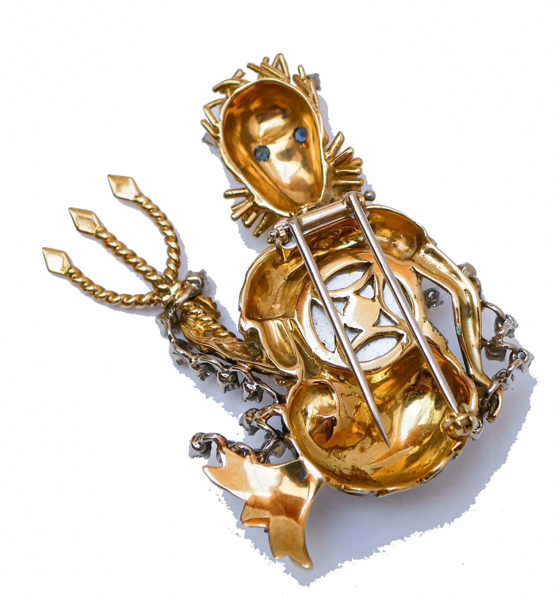 Rétro Broche en or jaune 18 carats, perles, saphirs, diamants et émail en vente