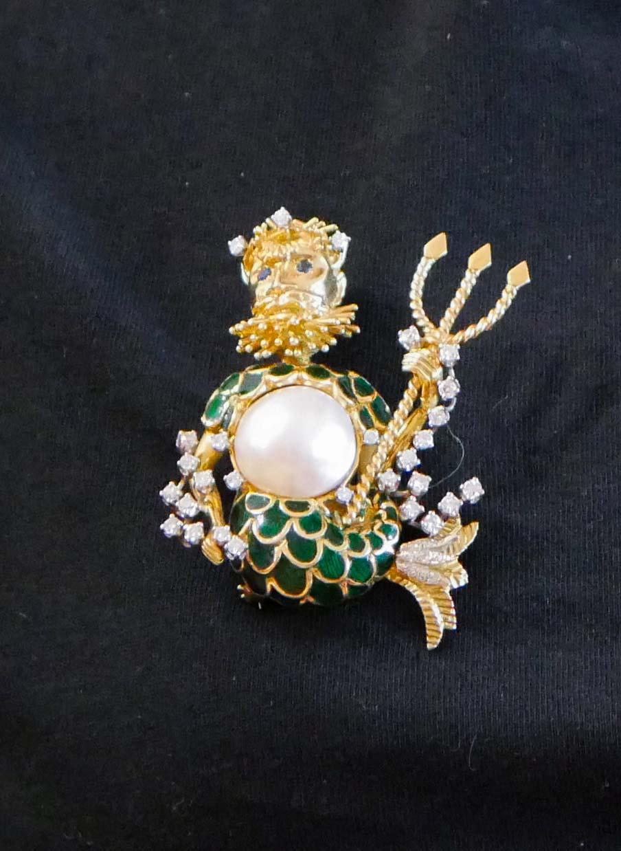 Pearl, Sapphires, Diamonds, Enamle, 18 Kt Yellow Gold Brooch. In Good Condition For Sale In Marcianise, Marcianise (CE)