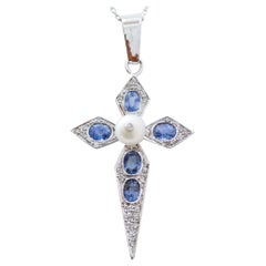 Pearl, Sapphires, Diamonds, Platinum Cross Pendant.