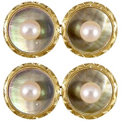 Pearl Set Cufflinks with Mother-of-Pearl Circle Base in Yellow Gold
