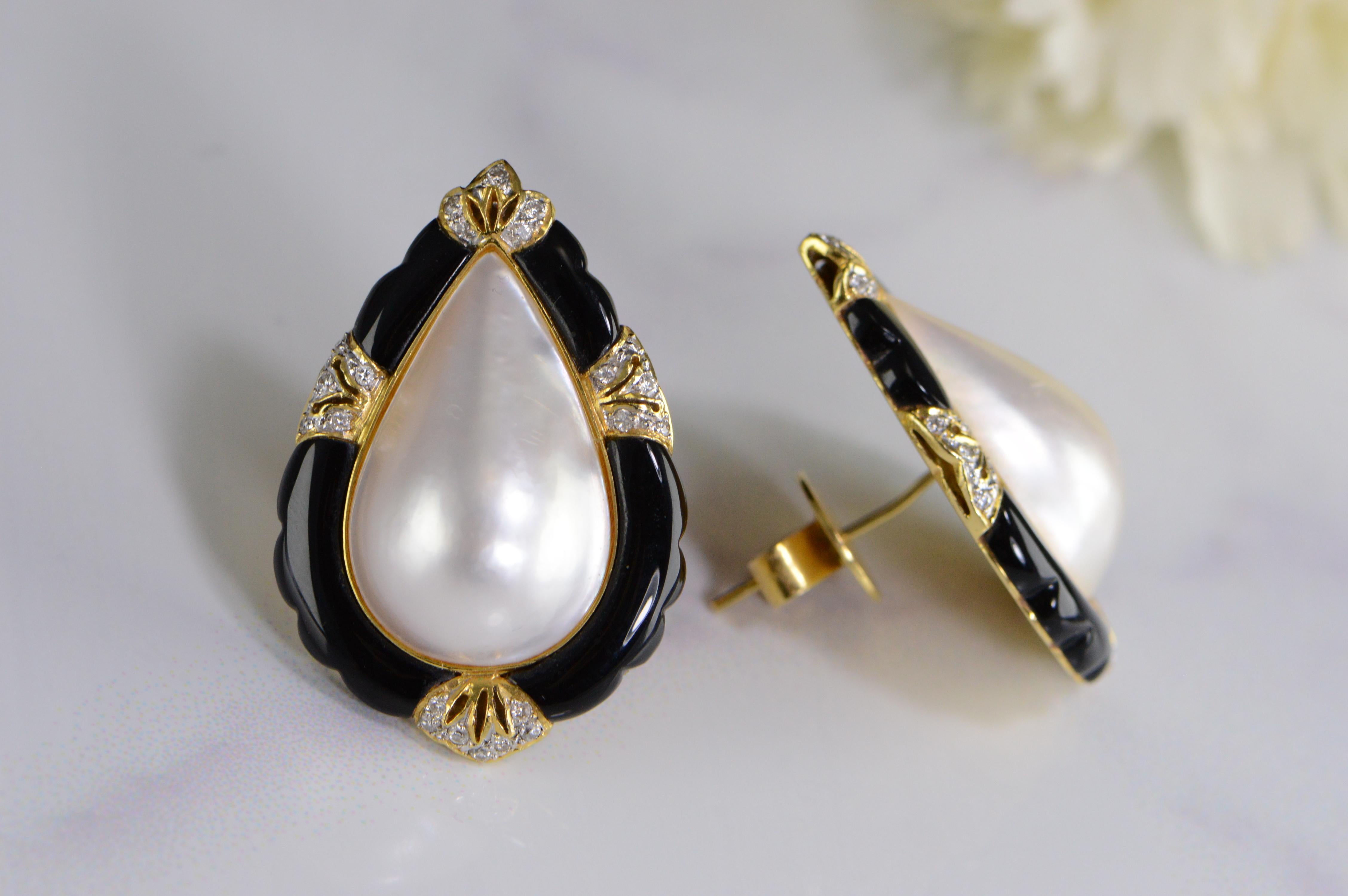 Pearl Shape Pearl Onyx Diamond Earrings are set in 18K yellow gold. Substantial in size, they weight 19.5 grams. Classic, elegant, timeless. 