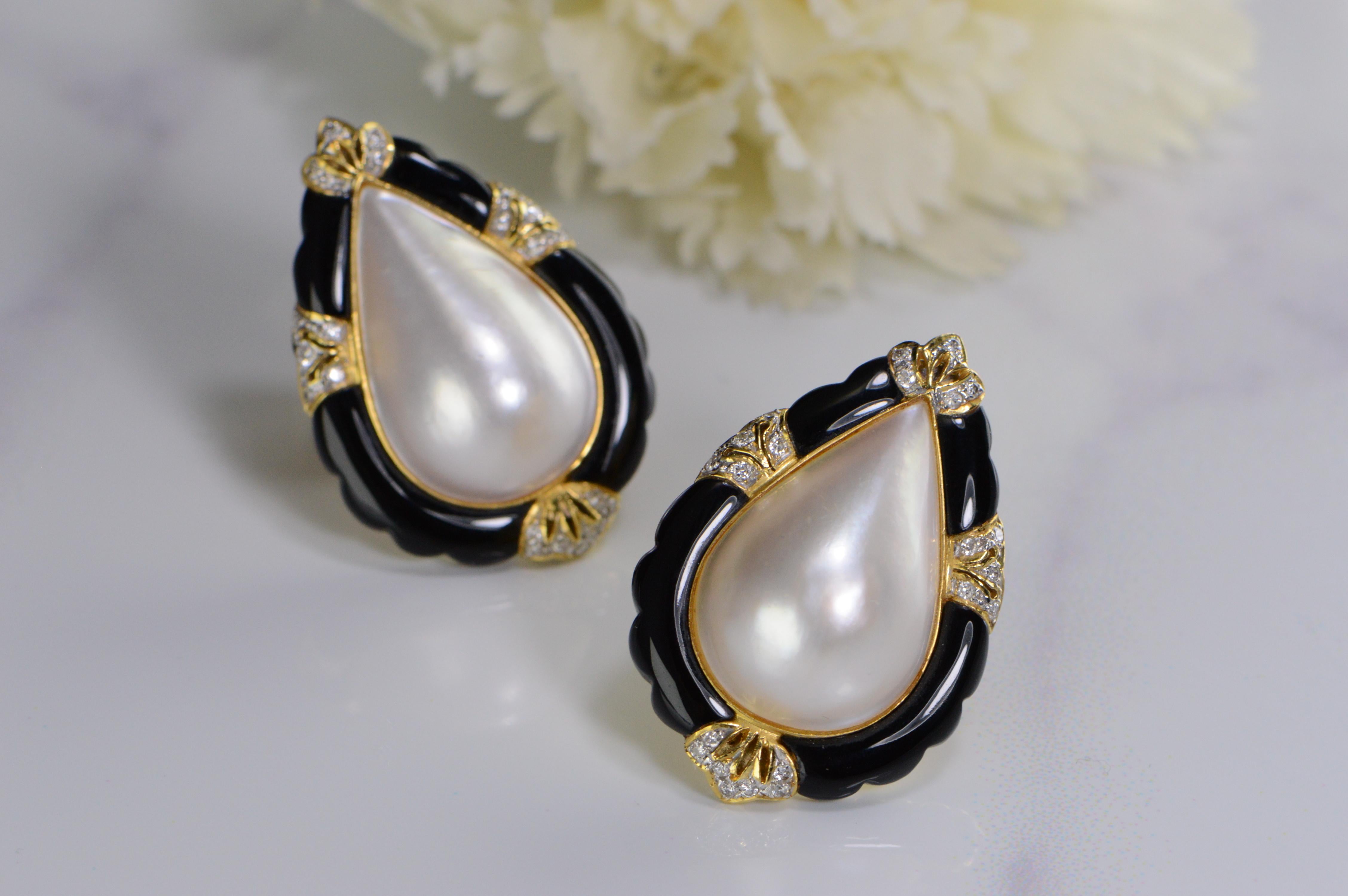 Retro Pearl Shape Pearl Onyx Diamond Earrings For Sale