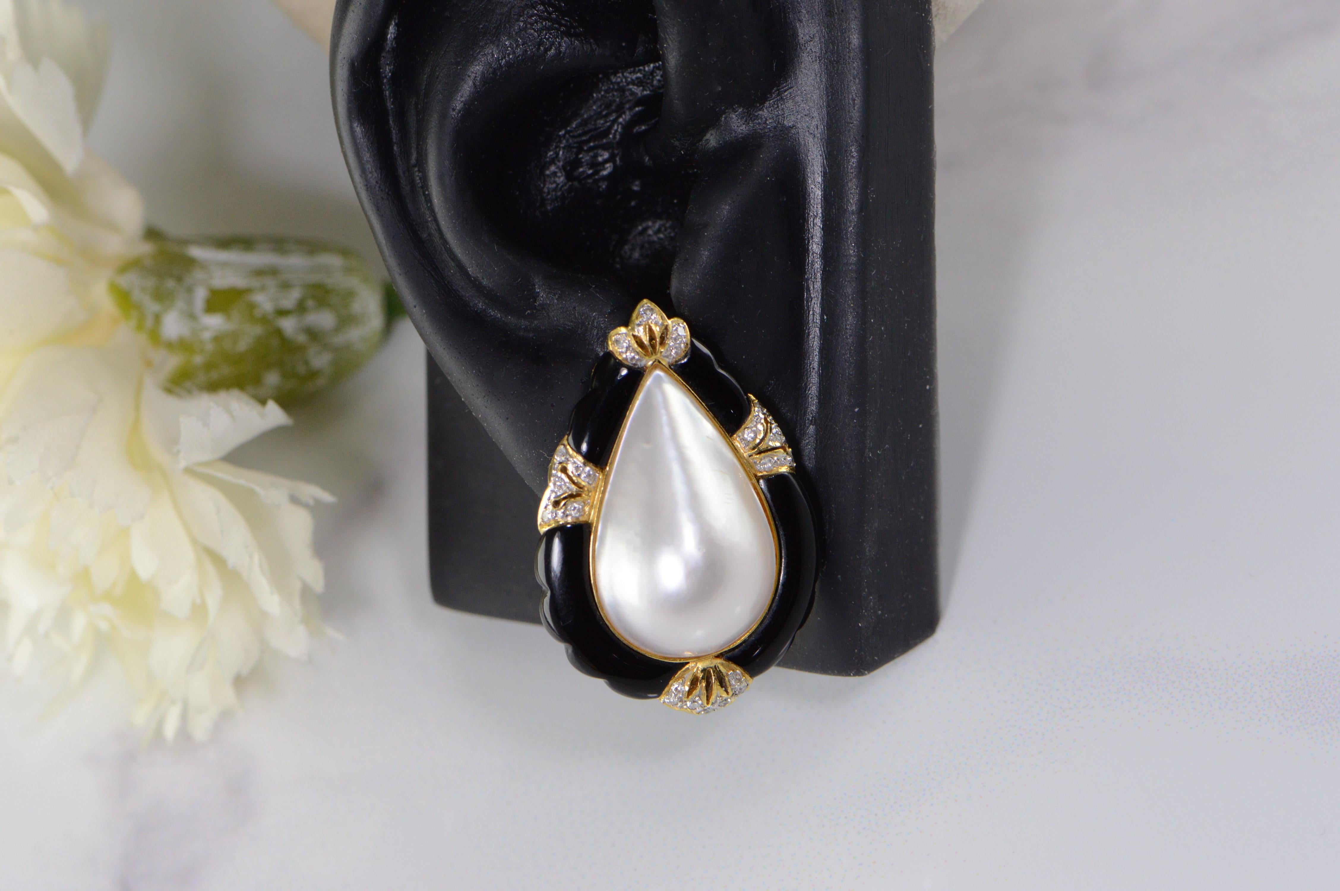 Pearl Shape Pearl Onyx Diamond Earrings In Good Condition For Sale In Frederick, MD