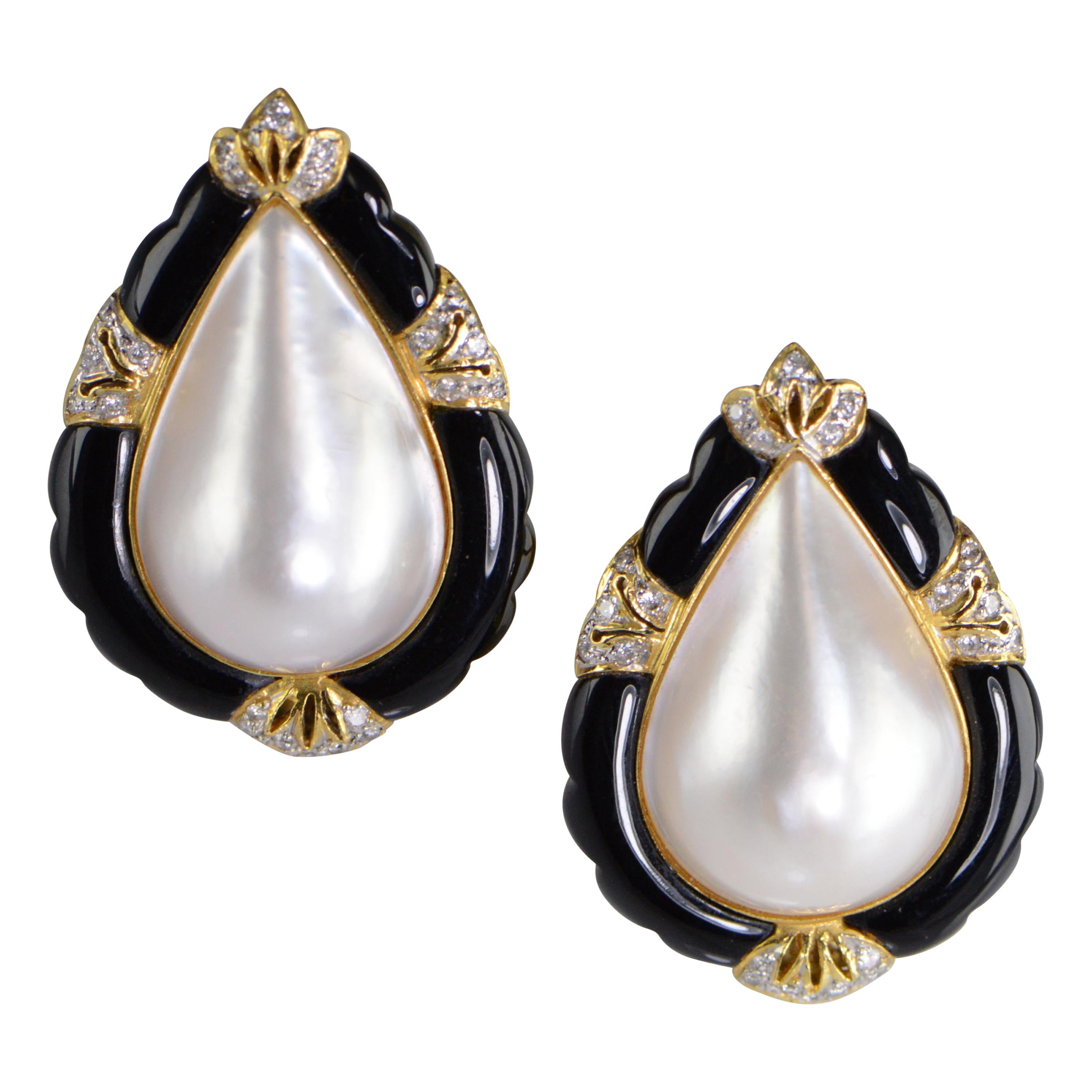 Pearl Shape Pearl Onyx Diamond Earrings For Sale
