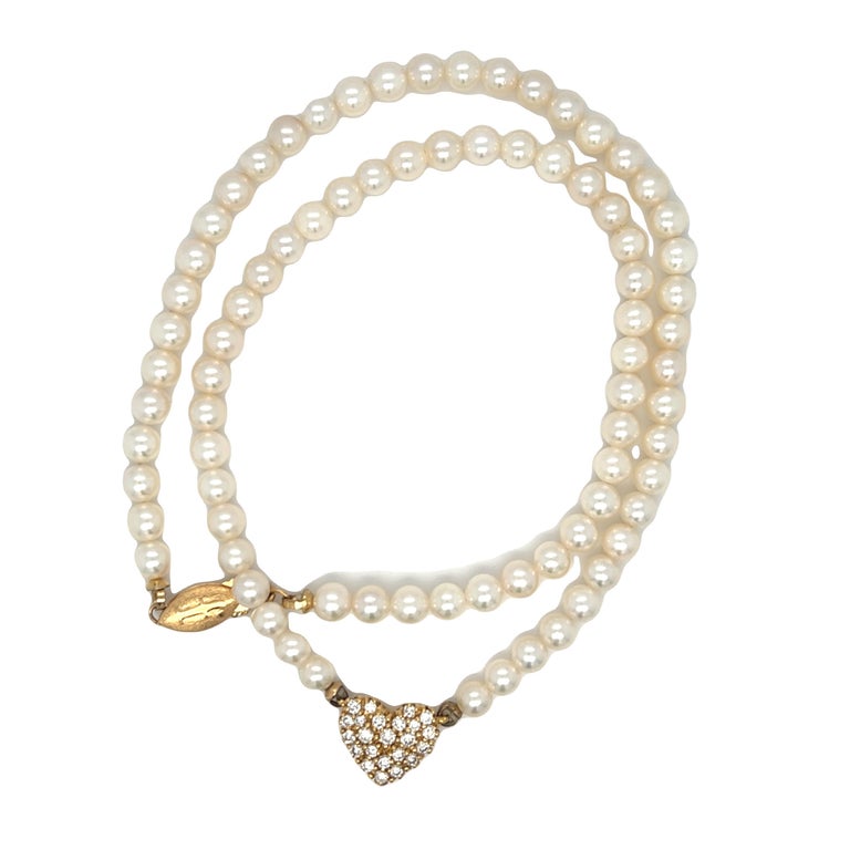 Pearl Single Strand Necklace with Cluster Diamond Heart Charm Pendant