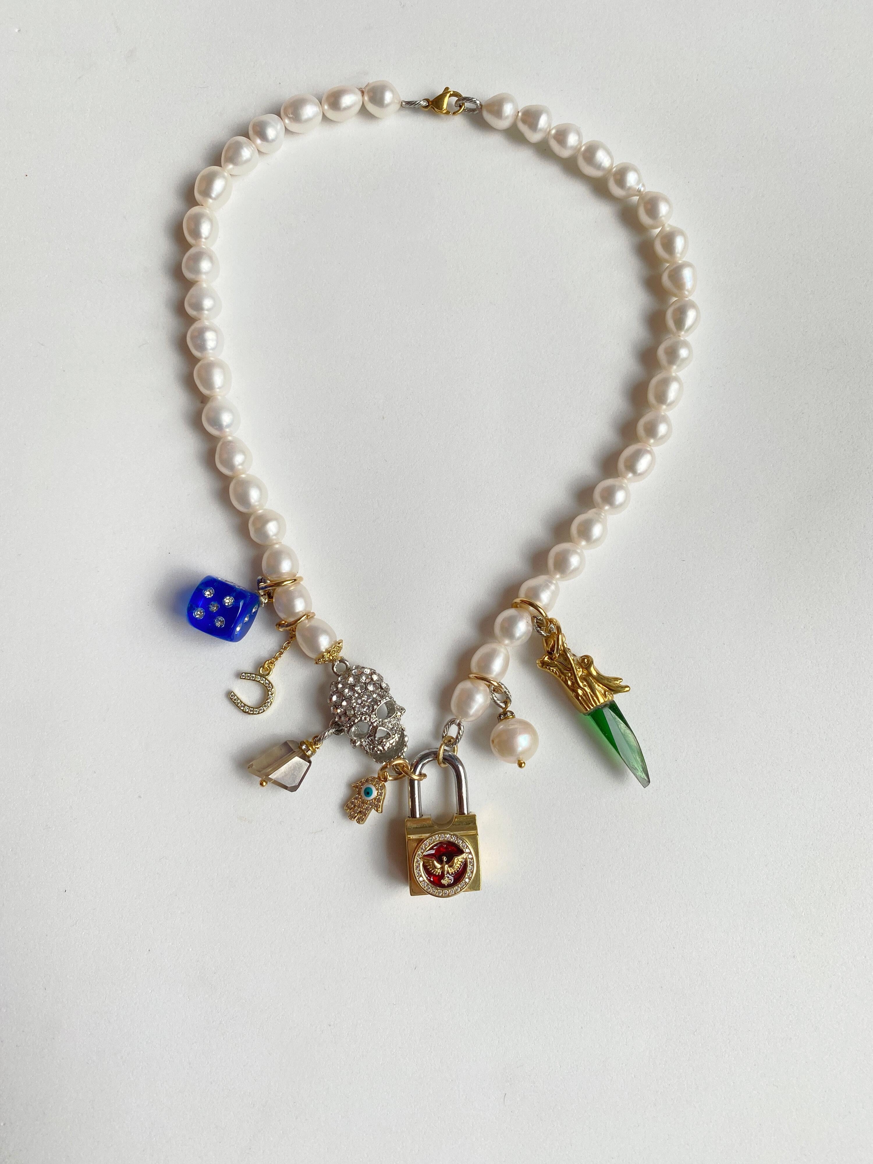 Pearl, skull and golden lock multi charm necklace For Sale 5