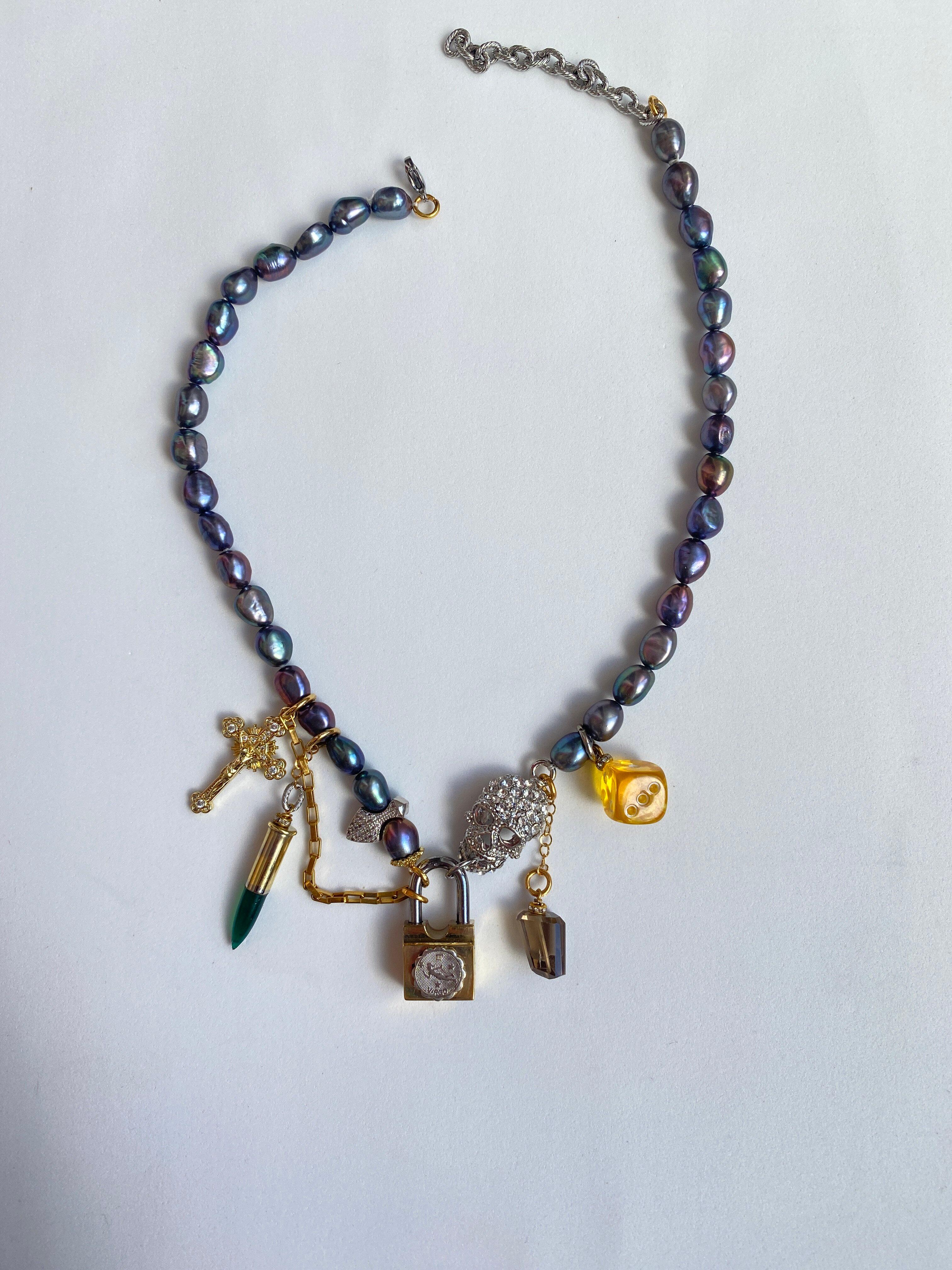 Pearl, skull and golden lock multi charm necklace For Sale 6