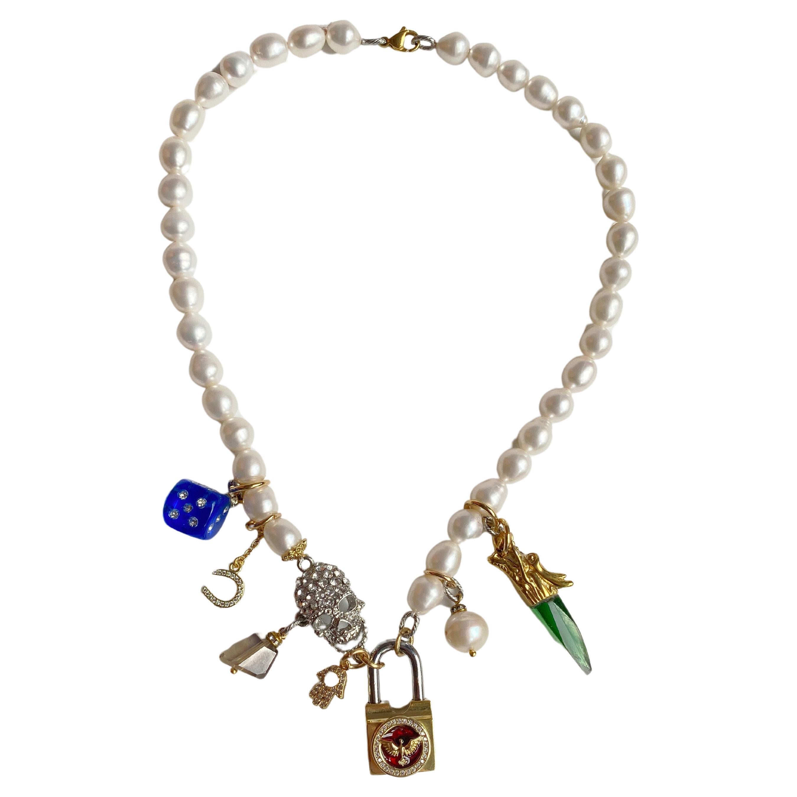 Pearl, skull and golden lock multi charm necklace For Sale