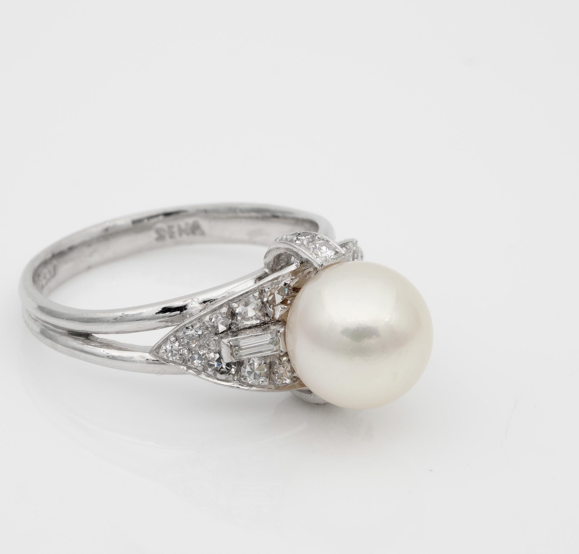 Contemporary Pearl Solitaire Diamond Platinum Ring For Sale