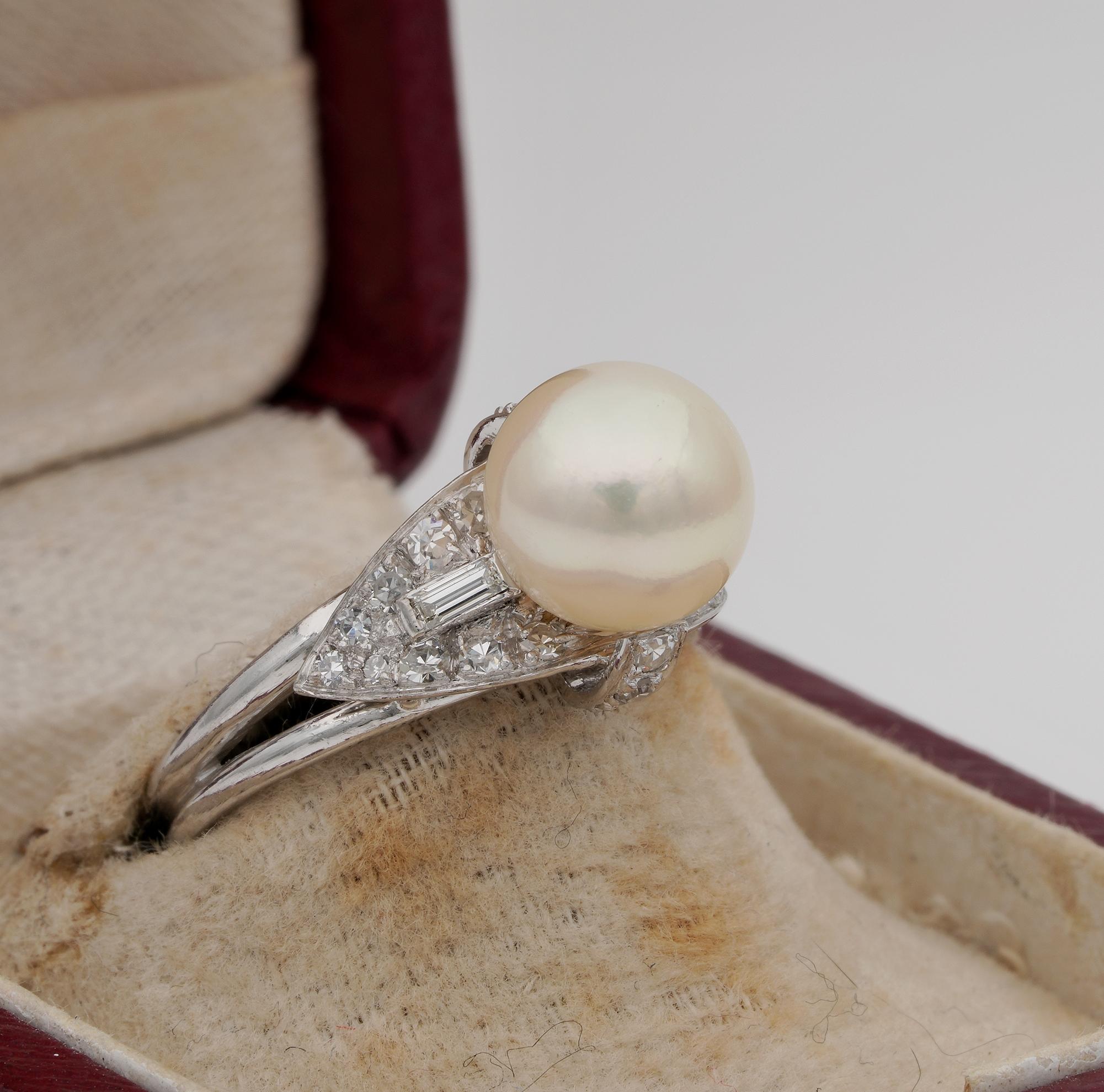 Baguette Cut Pearl Solitaire Diamond Platinum Ring For Sale