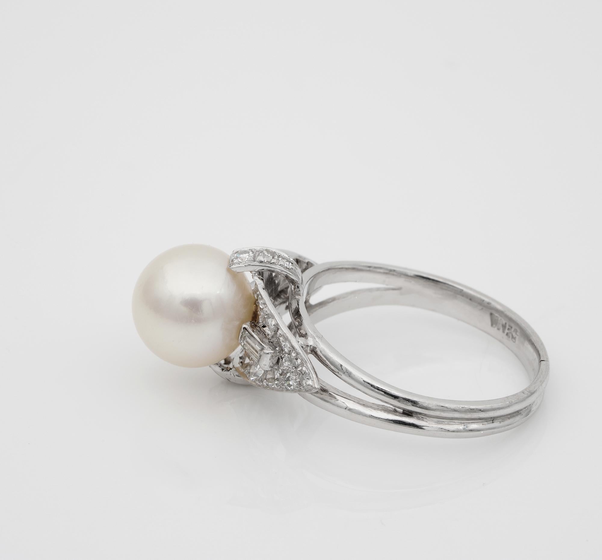 Platinring mit Perlen und Solitär-Diamant im Zustand „Gut“ im Angebot in Napoli, IT