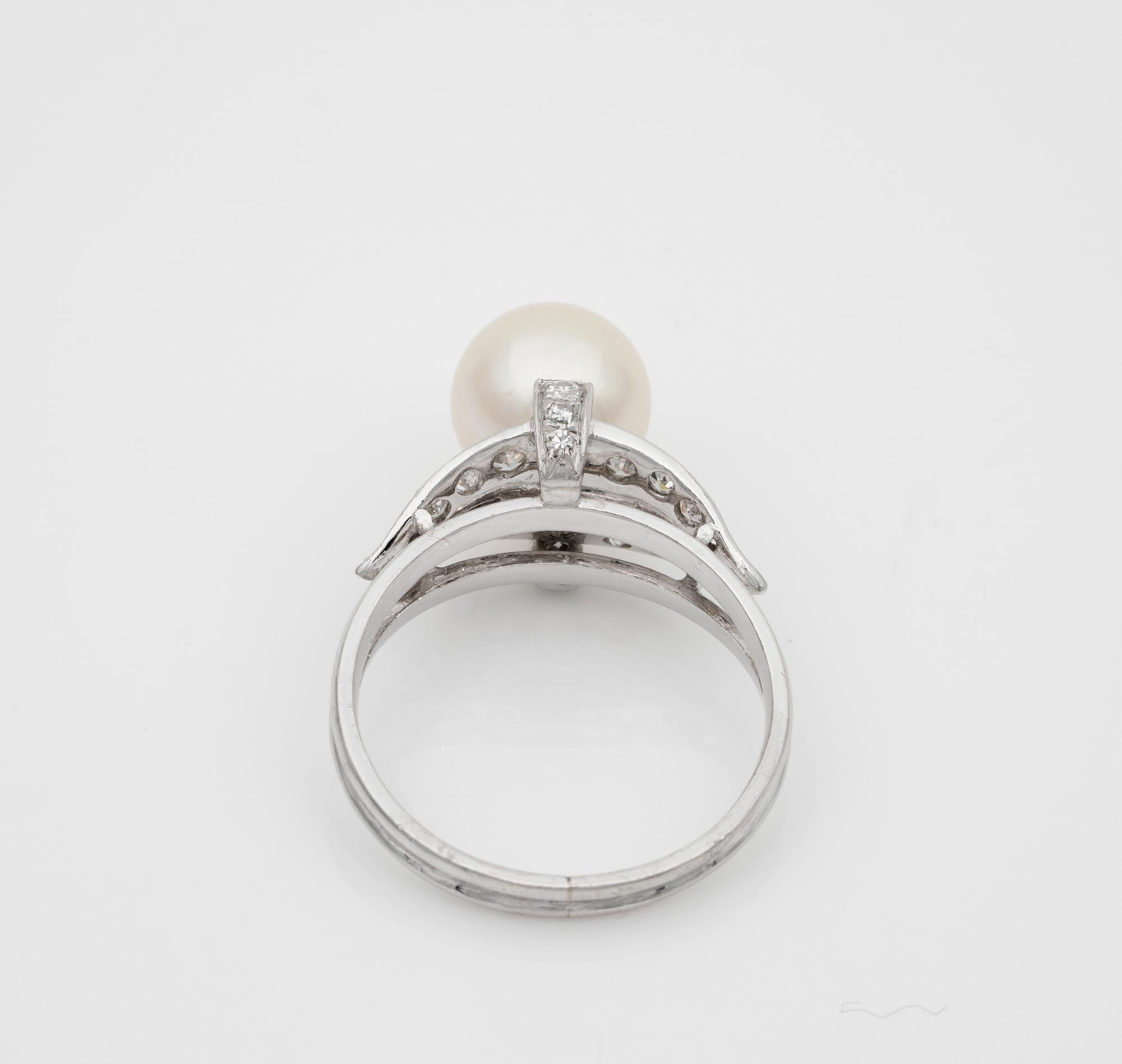 Pearl Solitaire Diamond Platinum Ring For Sale 1