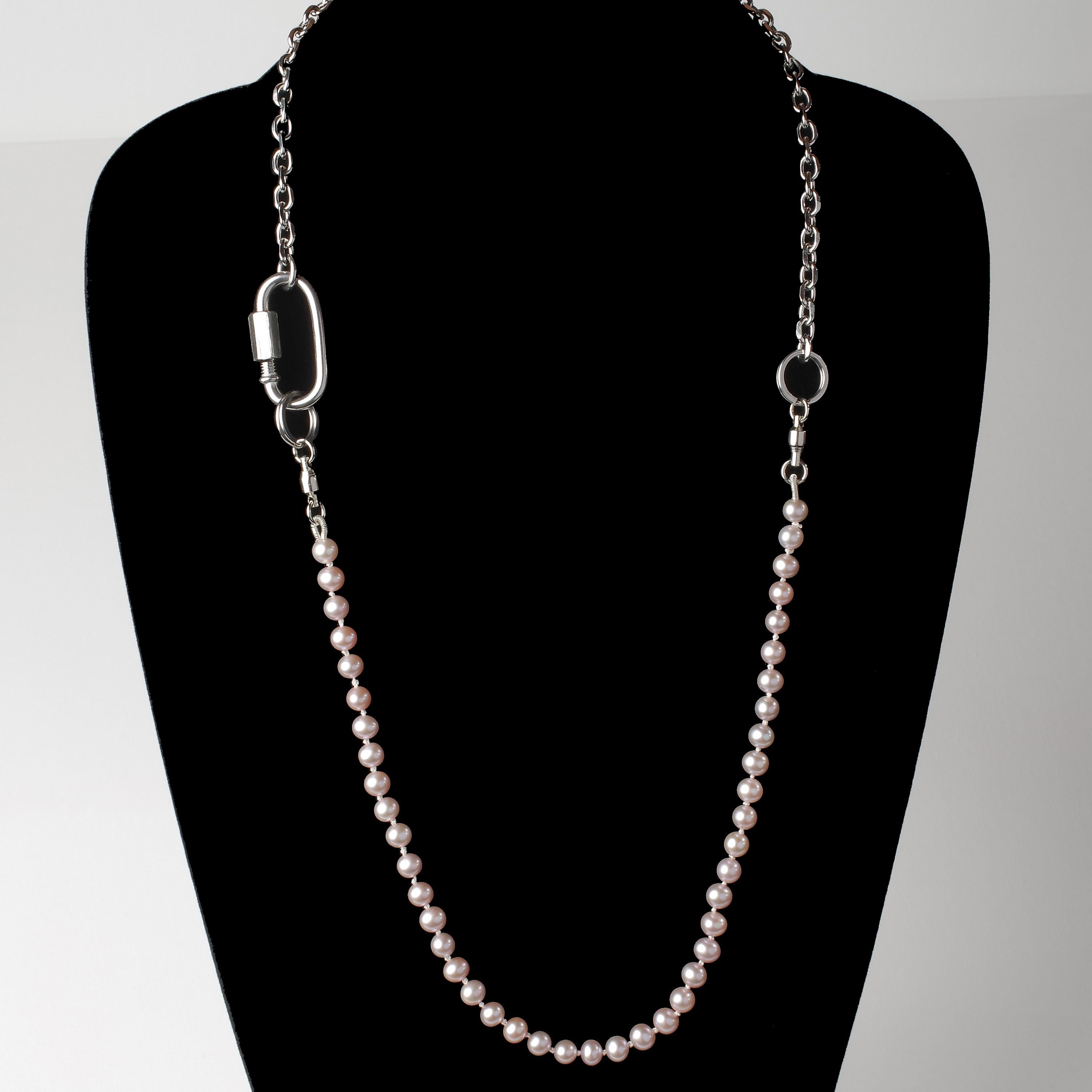 Bead Pearl and Stainless Steel Necklace For Sale