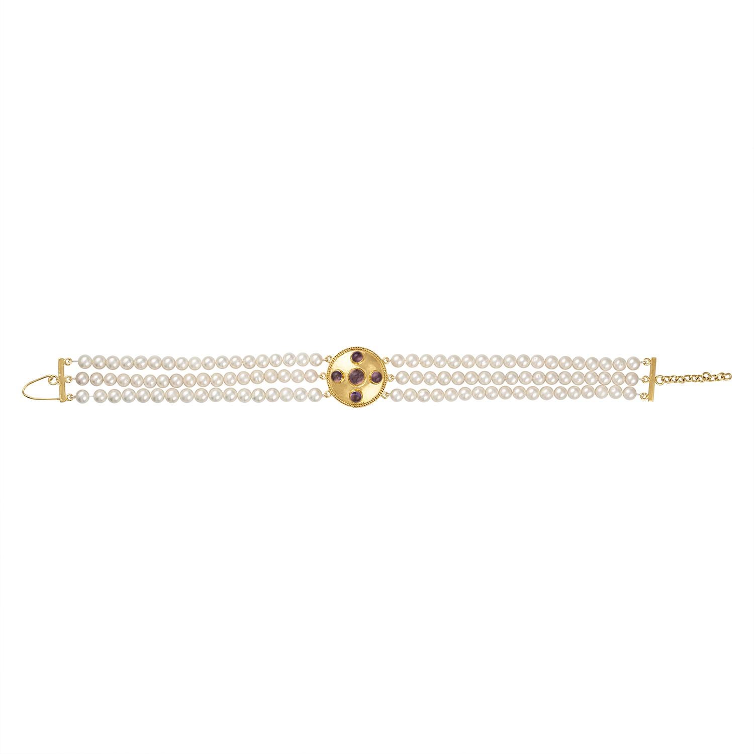 Make a statement with this triple strand pearl necklace that is indicative of the Gilded Age times. Channel your inner Consuelo Vanderbilt, the Duchess of Marlborough, with this choker that adjusts to fit most necks.
     * Necklace is three strands