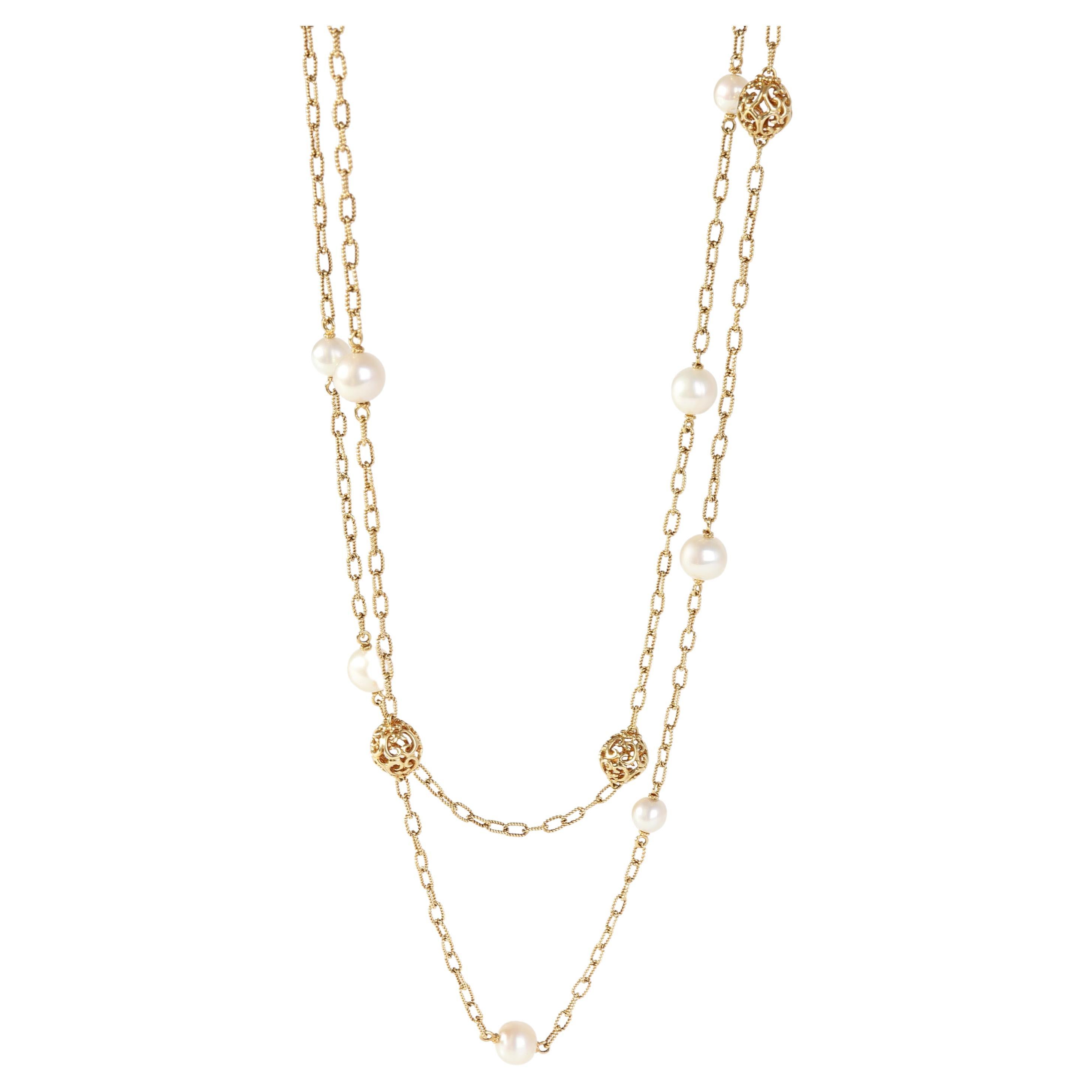 Pearl Station Necklace in 14k Yellow Gold For Sale