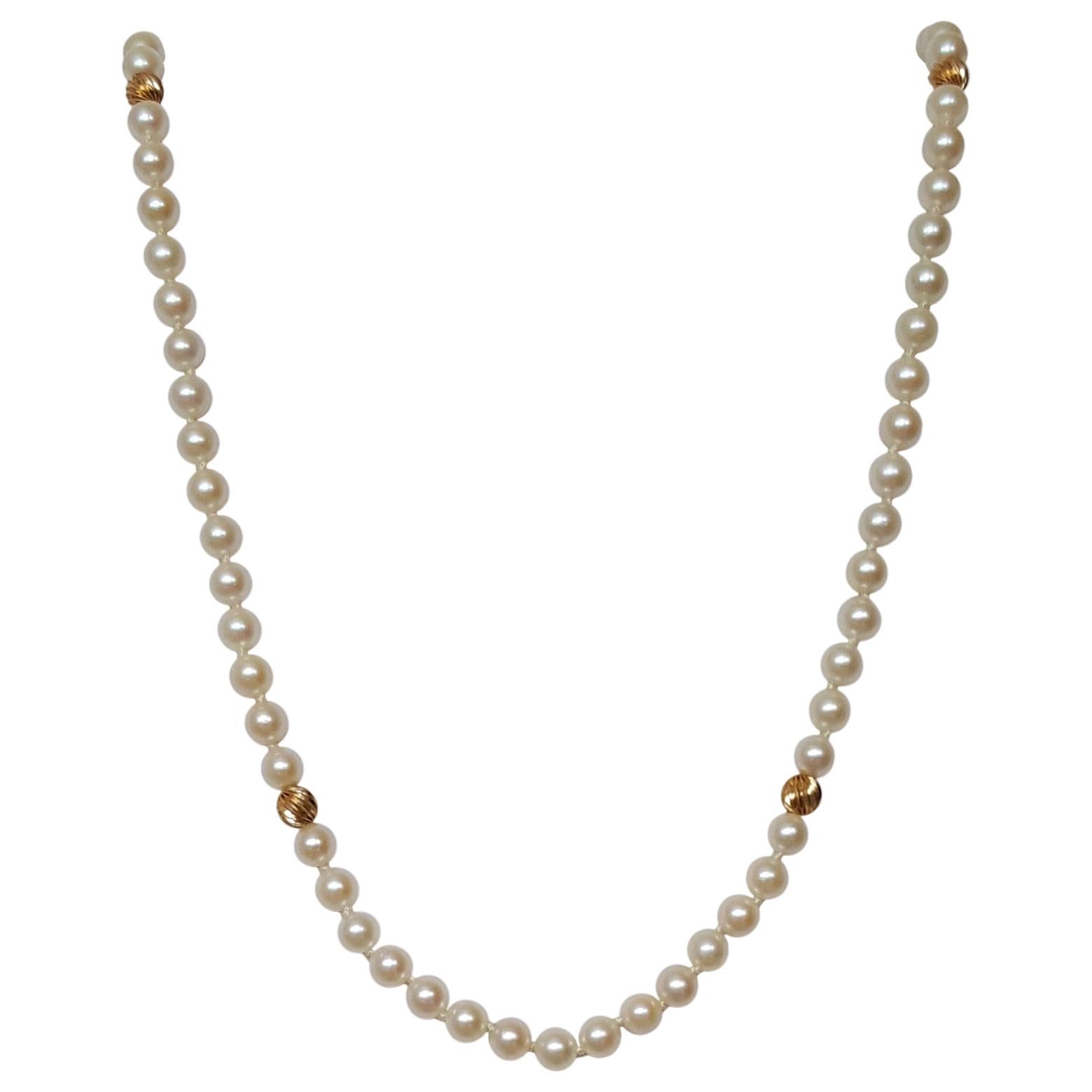 Cultured Pearl Strand Grade A White Cream Pearls 14kt Yellow Gold Beads, 31 Inch For Sale