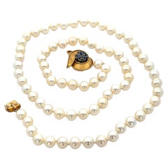 Pearl Strand Necklace w/ 14k Gold 0.50ctw Sapphire Twisted Swirl Clasp 26"